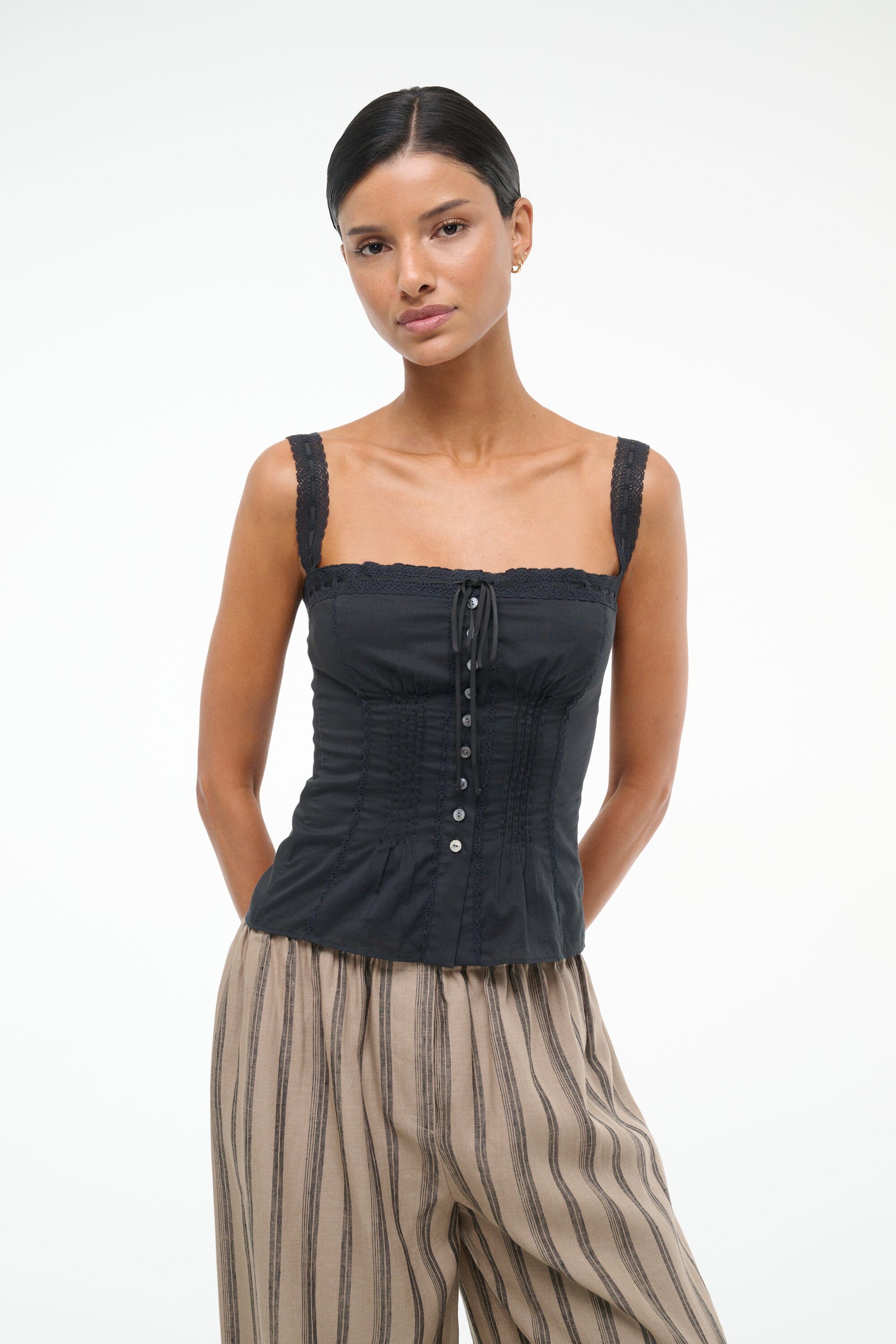 Victorian Lace Matilde Cami Top with Adjustable Ties - Black