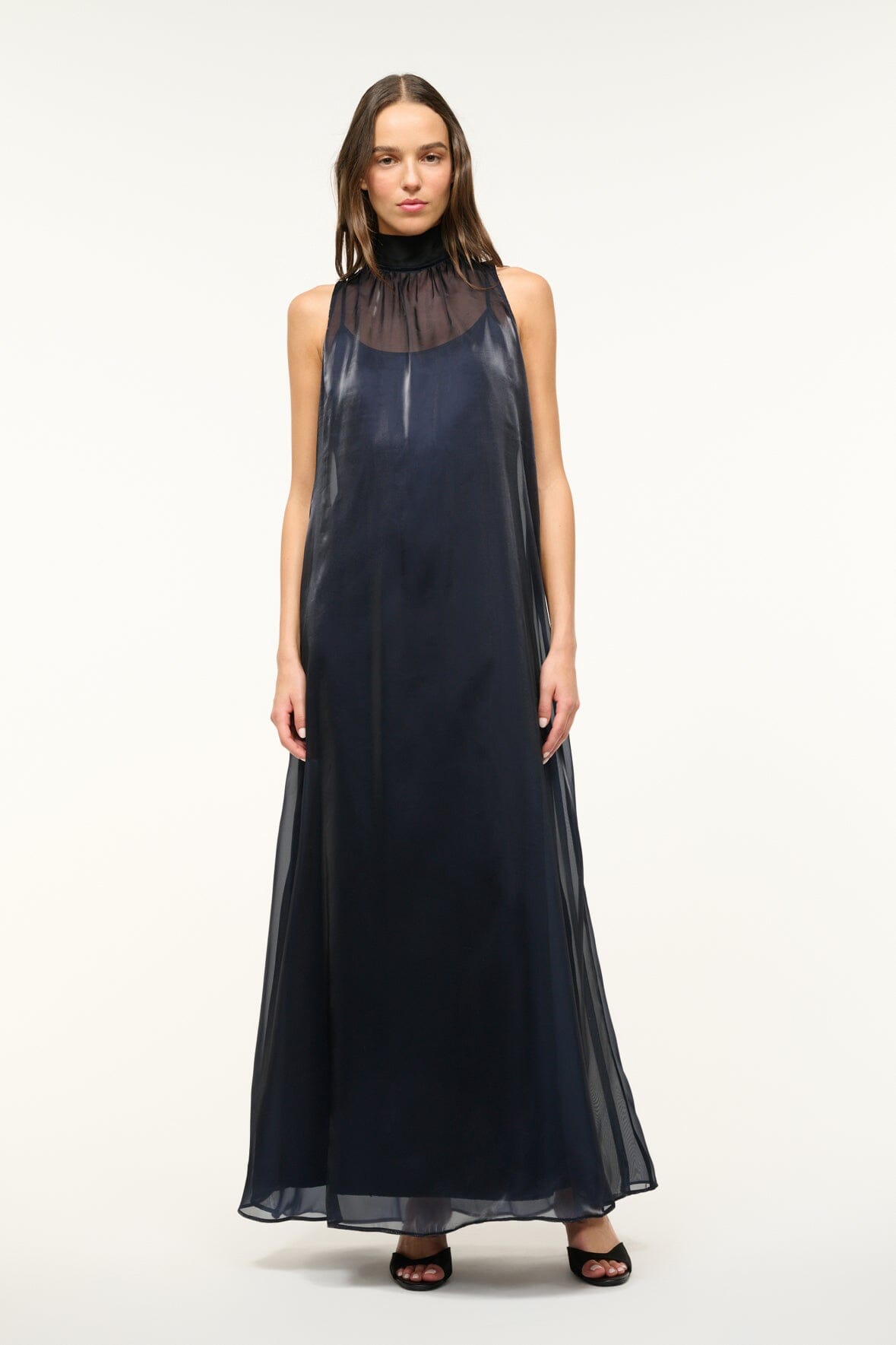 Albee Black Organza Sleeveless Dress with High Neck & Back Tie