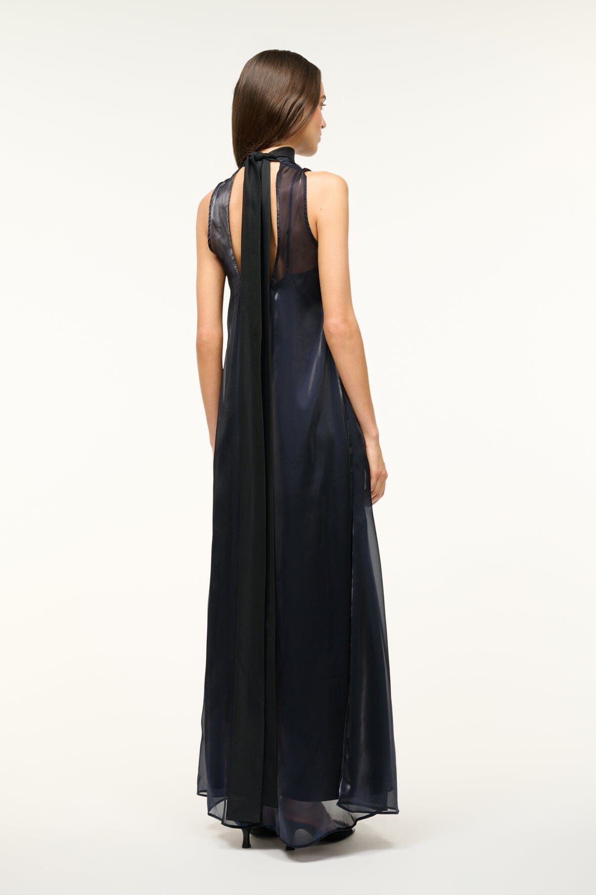Albee Black Organza Sleeveless Dress with High Neck & Back Tie