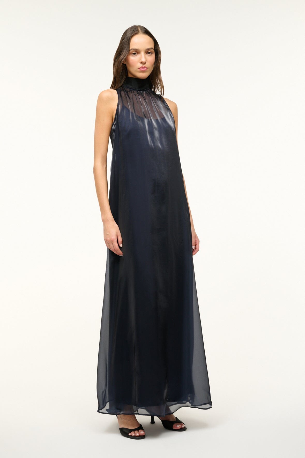Albee Black Organza Sleeveless Dress with High Neck & Back Tie