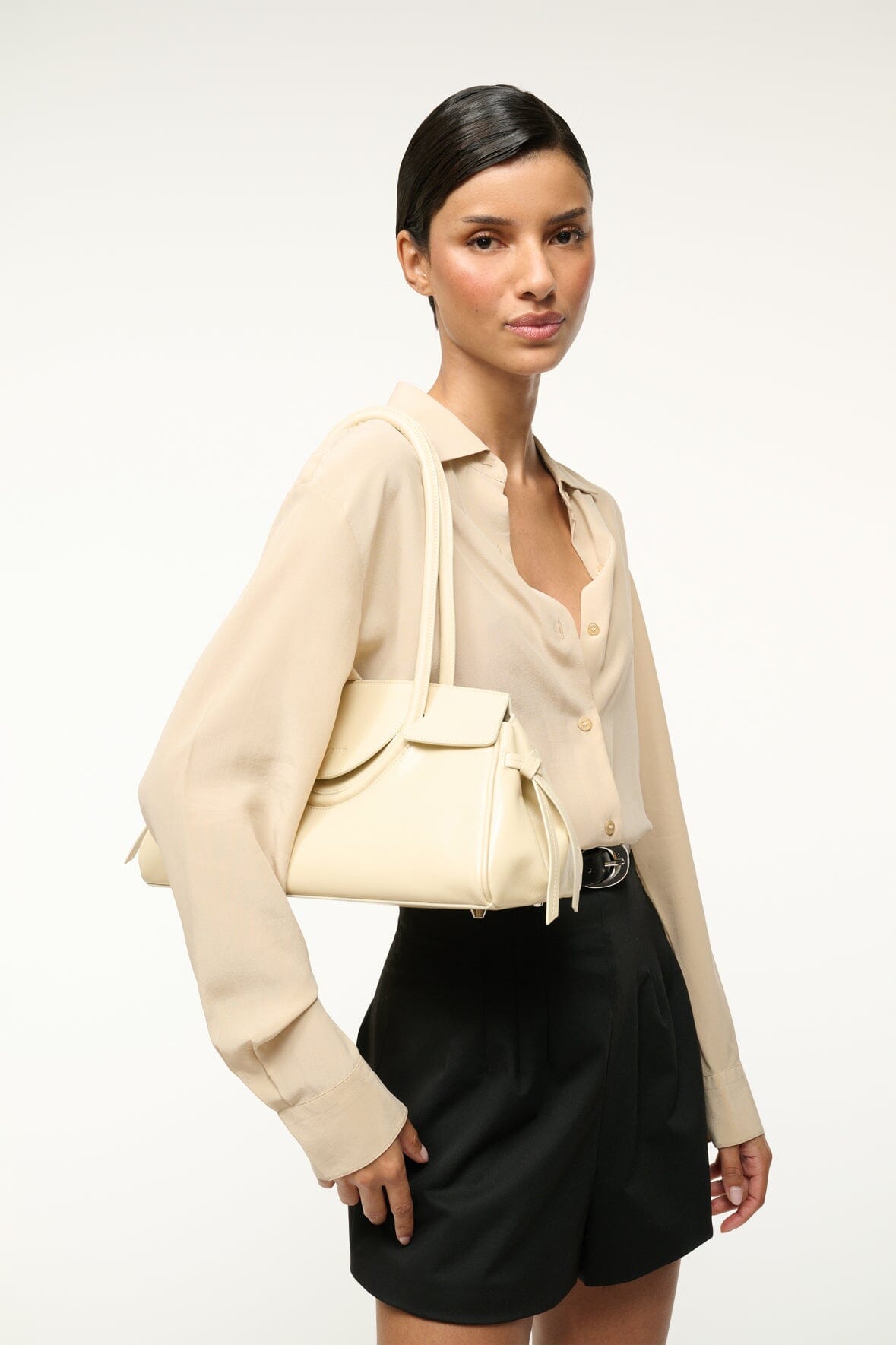 Maude Leather Shoulder Bag in Cream with Flap Closure
