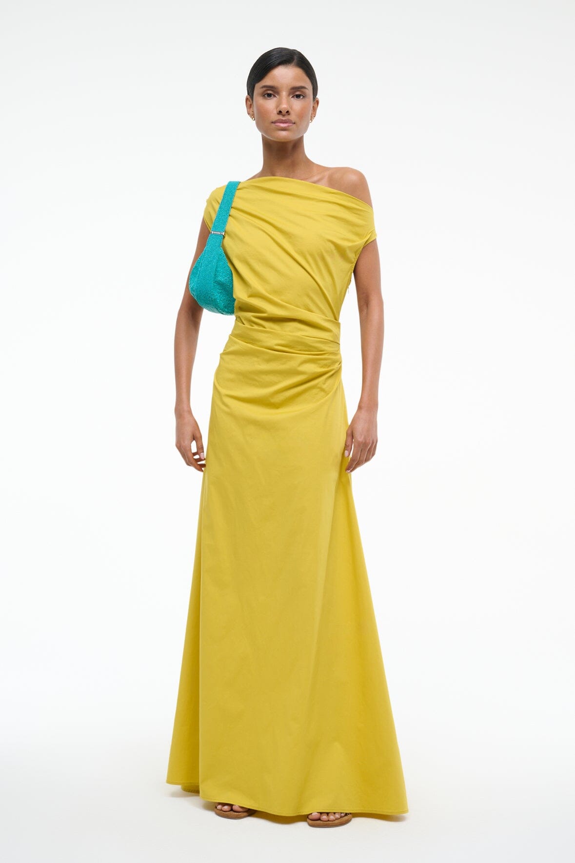 One-Shoulder Maxi Phare Dress in Chartreuse - Stretch Poplin
