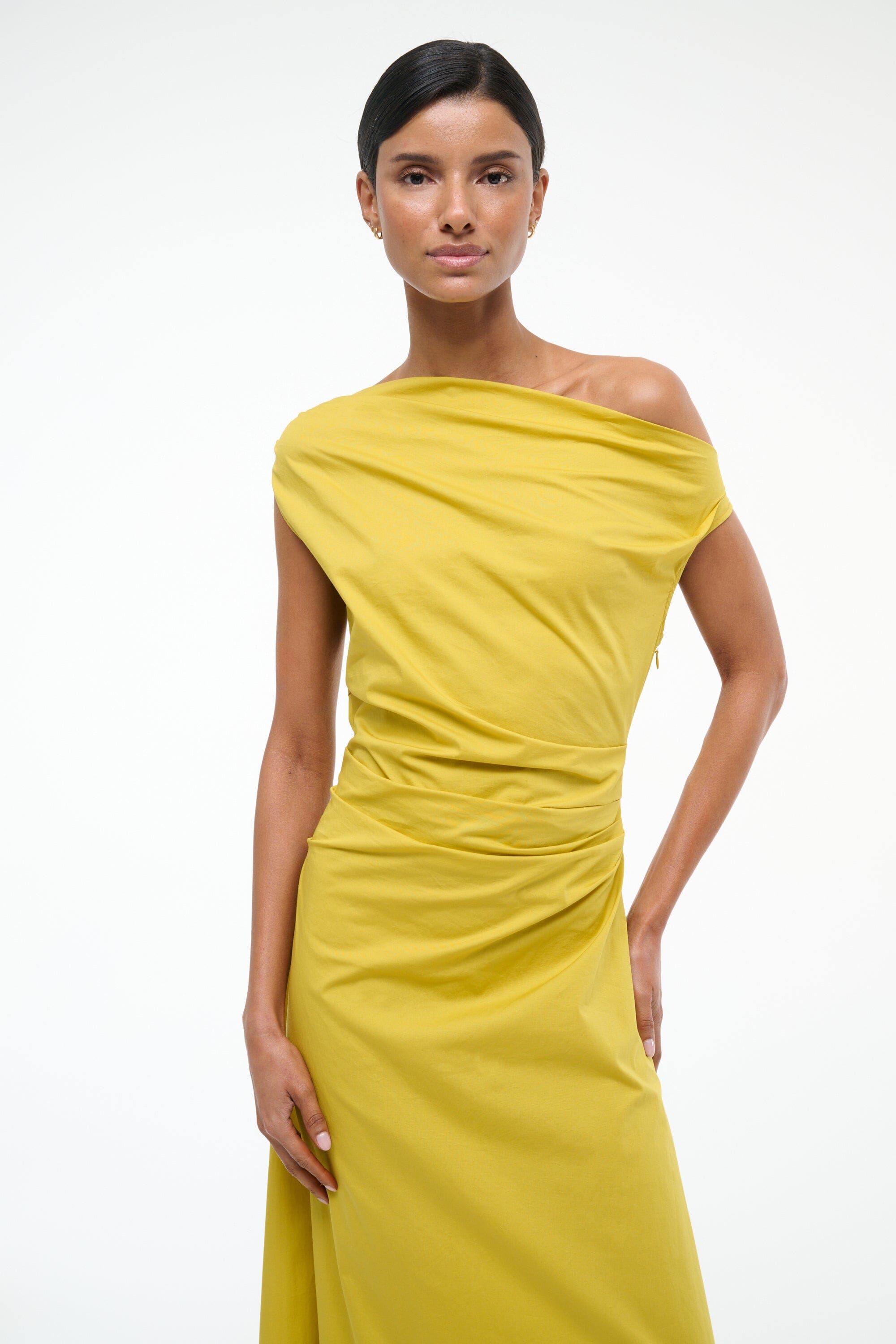 One-Shoulder Maxi Phare Dress in Chartreuse - Stretch Poplin
