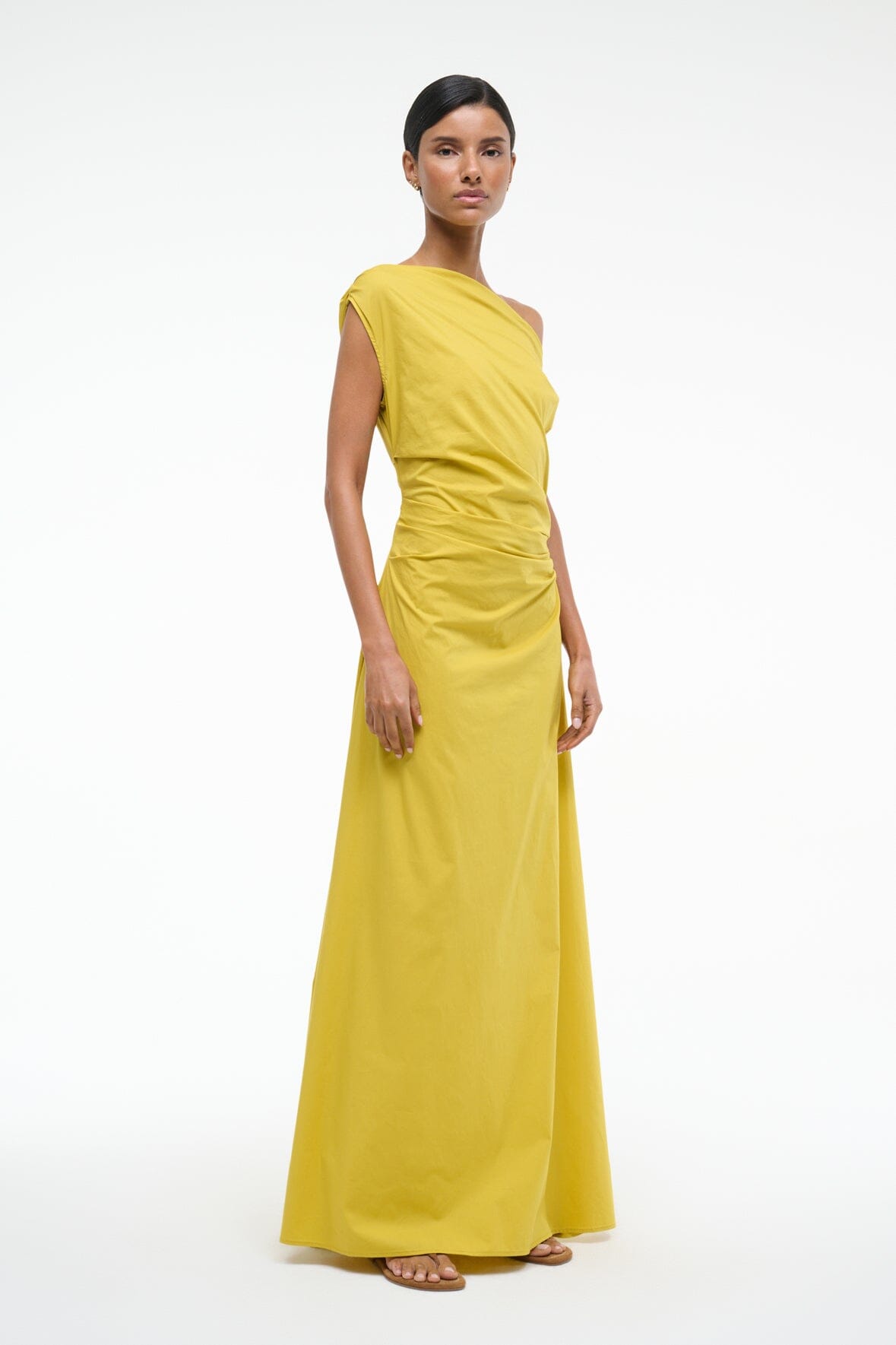 One-Shoulder Maxi Phare Dress in Chartreuse - Stretch Poplin