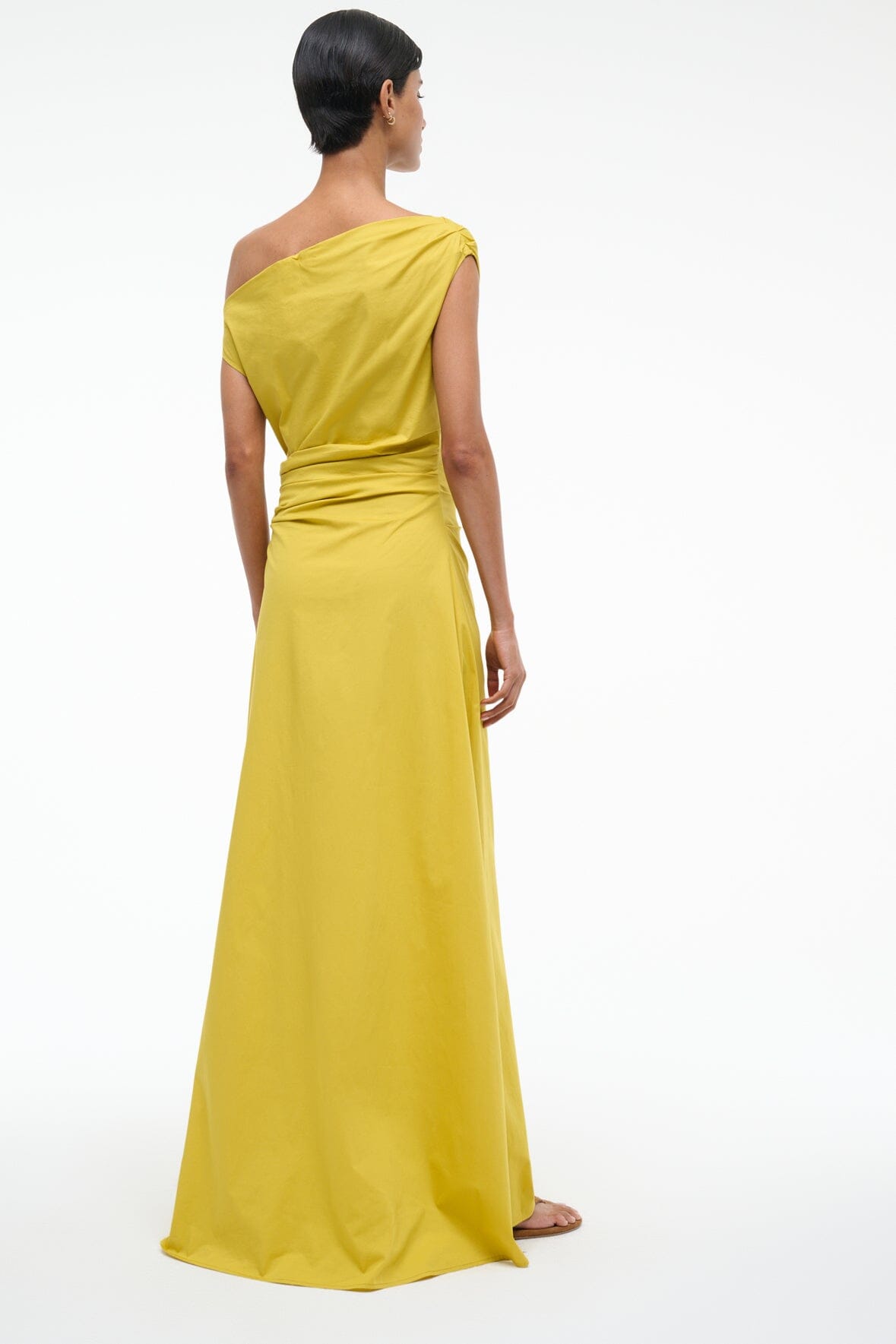 One-Shoulder Maxi Phare Dress in Chartreuse - Stretch Poplin