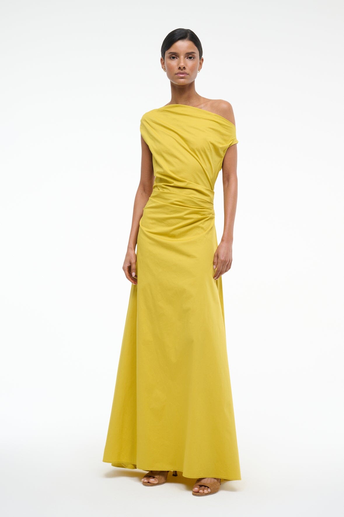 One-Shoulder Maxi Phare Dress in Chartreuse - Stretch Poplin