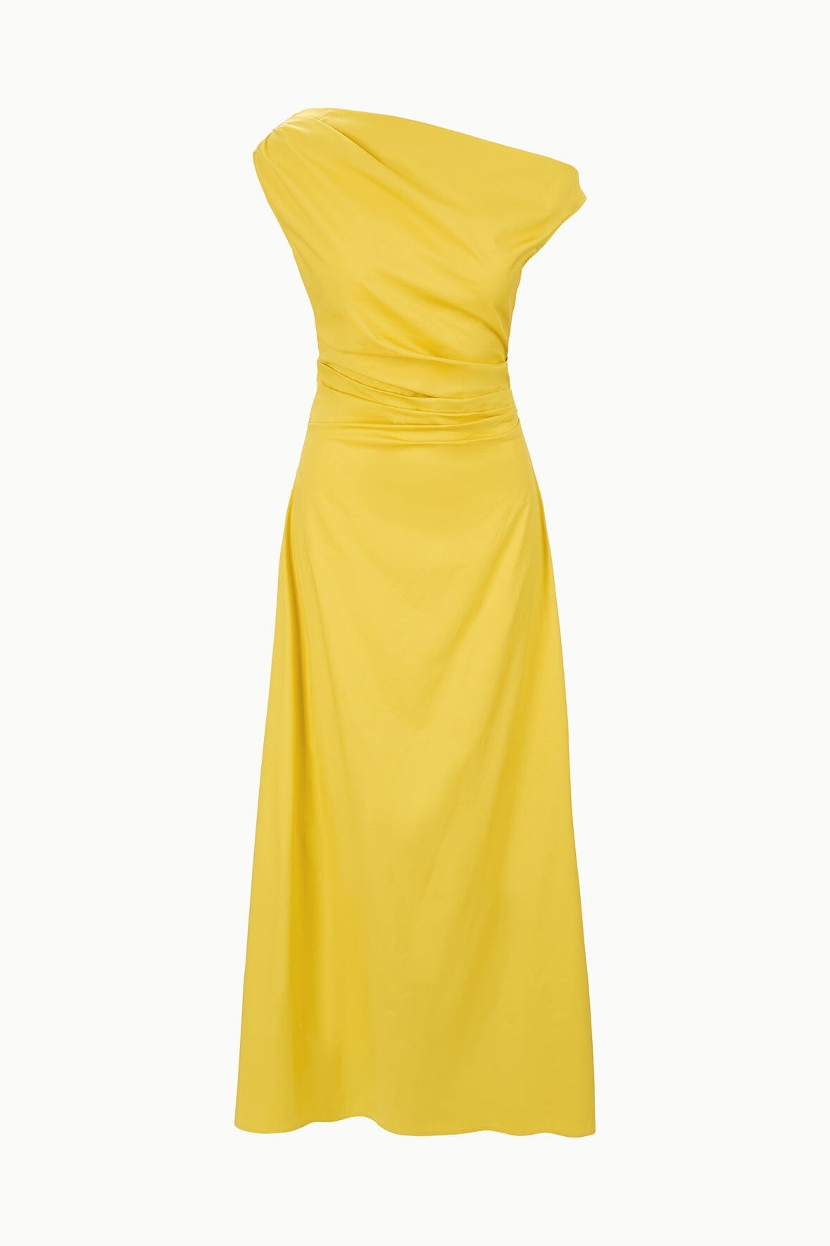 One-Shoulder Maxi Phare Dress in Chartreuse - Stretch Poplin