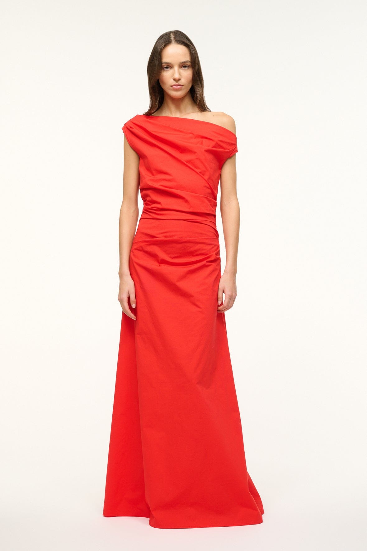 One-Shoulder Maxi Phare Dress in Red Rose - Stretch Poplin
