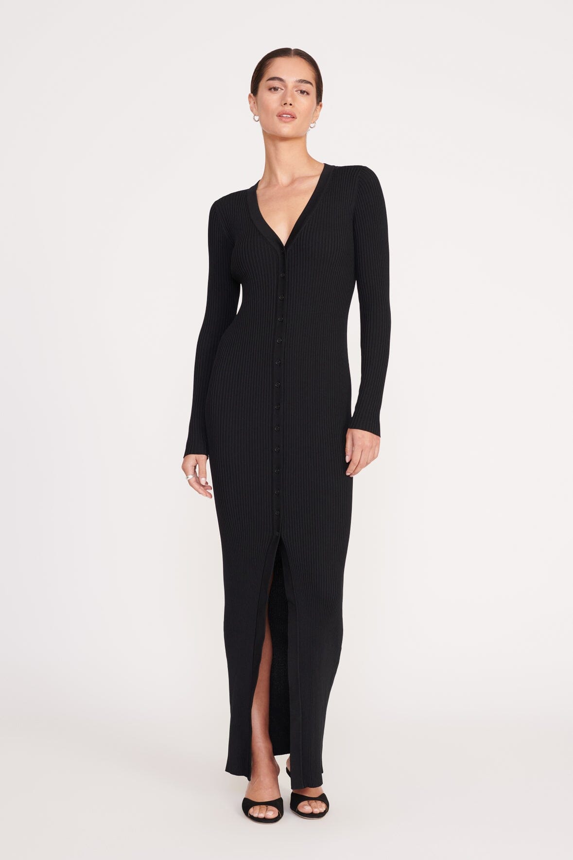 Black Rib Knit Maxi Shoko Sweater - Button Down Stretchy Dress