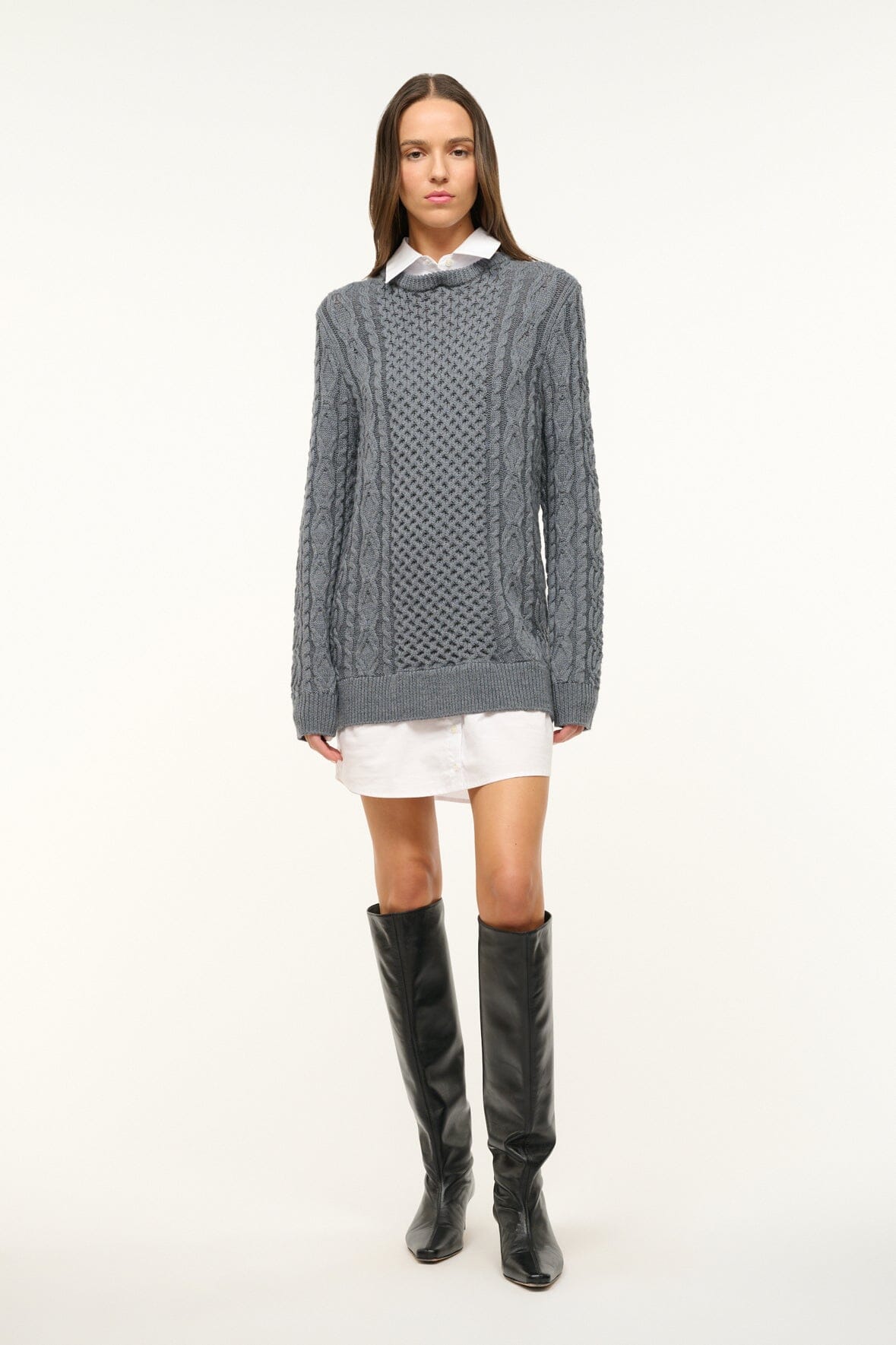 Aldrin Cable Knit Sweater Dress with Poplin Collar - Charcoal White