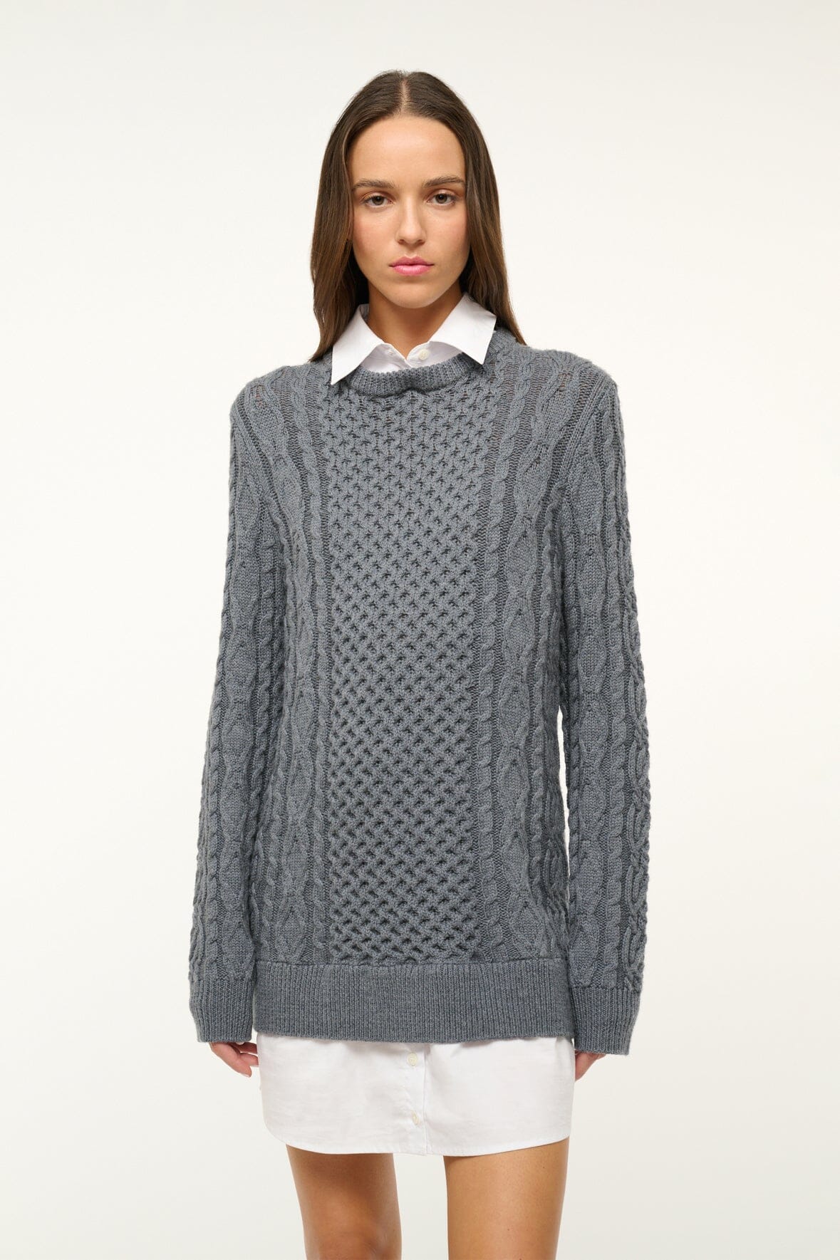 Aldrin Cable Knit Sweater Dress with Poplin Collar - Charcoal White