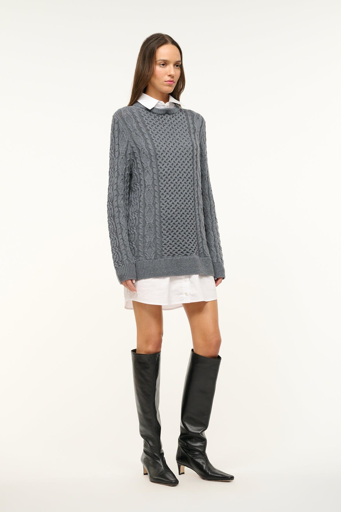 Aldrin Cable Knit Sweater Dress with Poplin Collar - Charcoal White