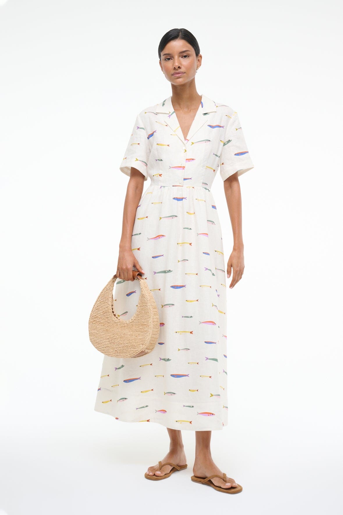 Meryl Linen Shirt Dress with Elastic Waist - Ivory Mid-Length
