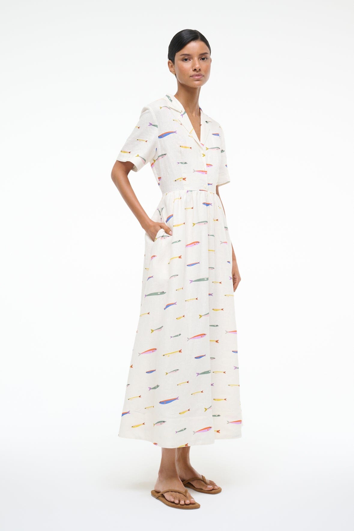 Meryl Linen Shirt Dress with Elastic Waist - Ivory Mid-Length