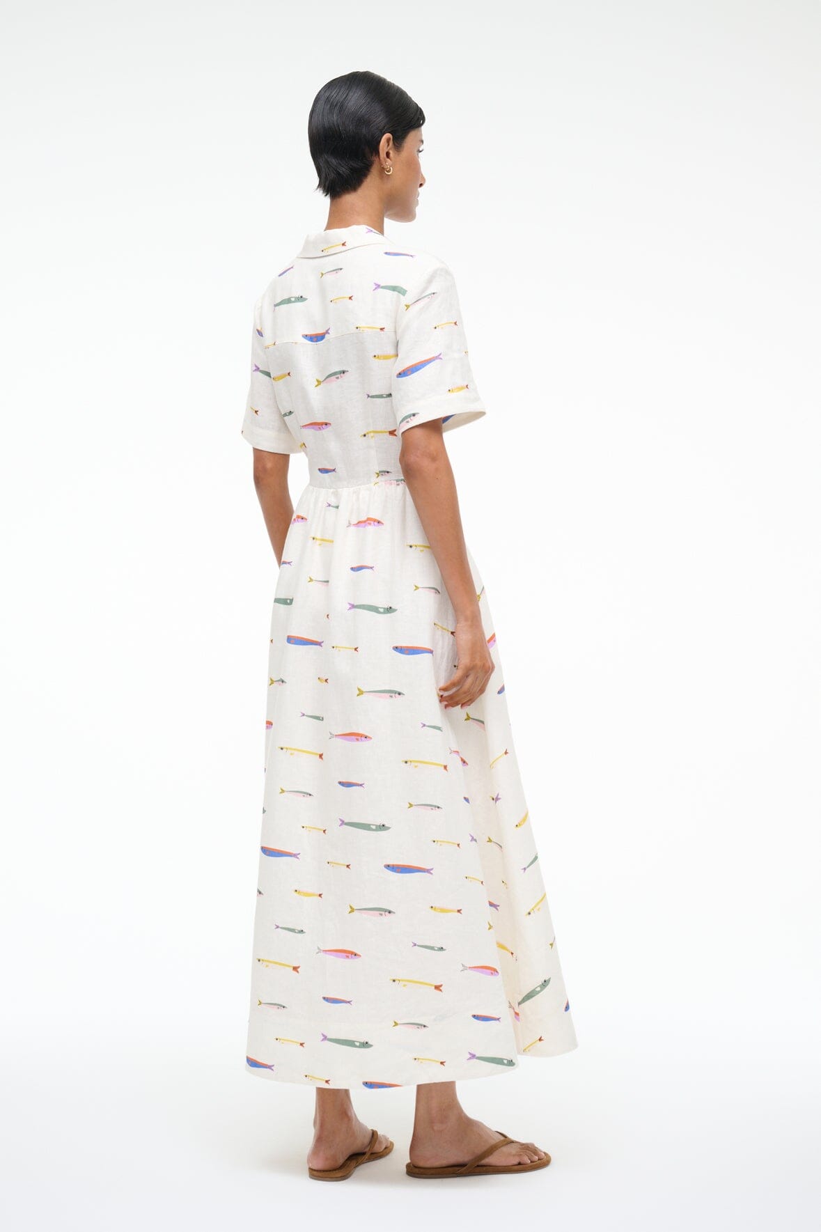 Meryl Linen Shirt Dress with Elastic Waist - Ivory Mid-Length