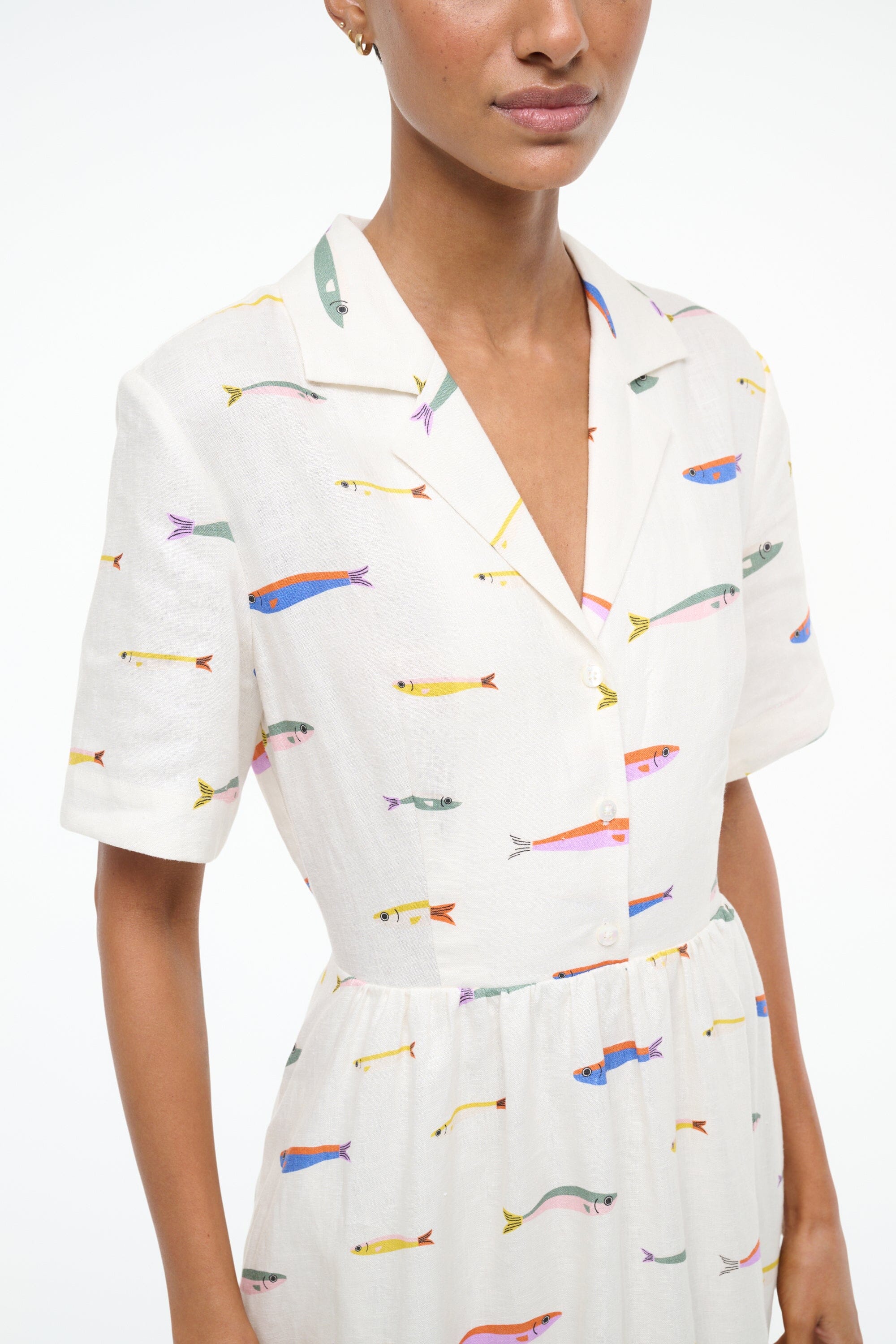 Meryl Linen Shirt Dress with Elastic Waist - Ivory Mid-Length