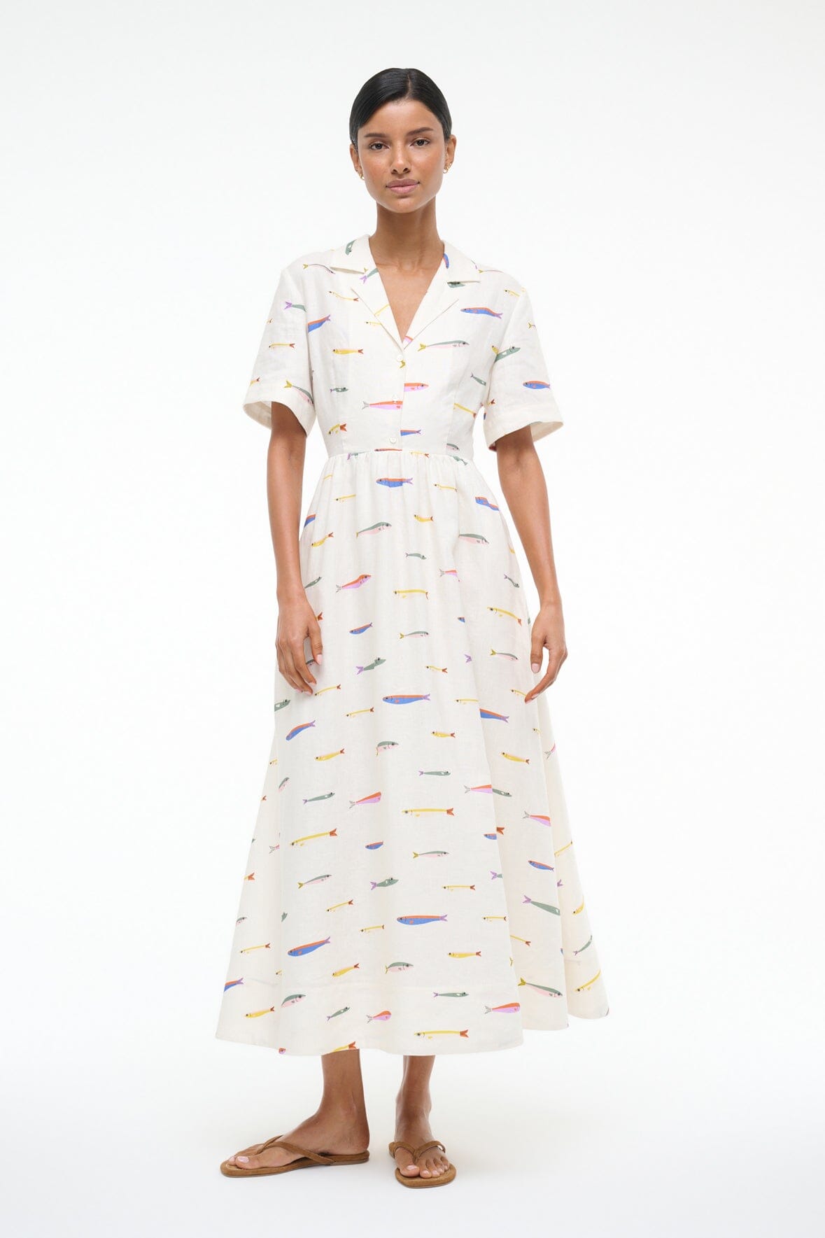 Meryl Linen Shirt Dress with Elastic Waist - Ivory Mid-Length