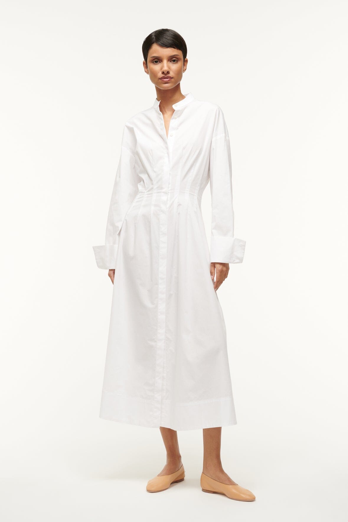 White Lorenza Midi Dress with Button-Up & Elastic Waist