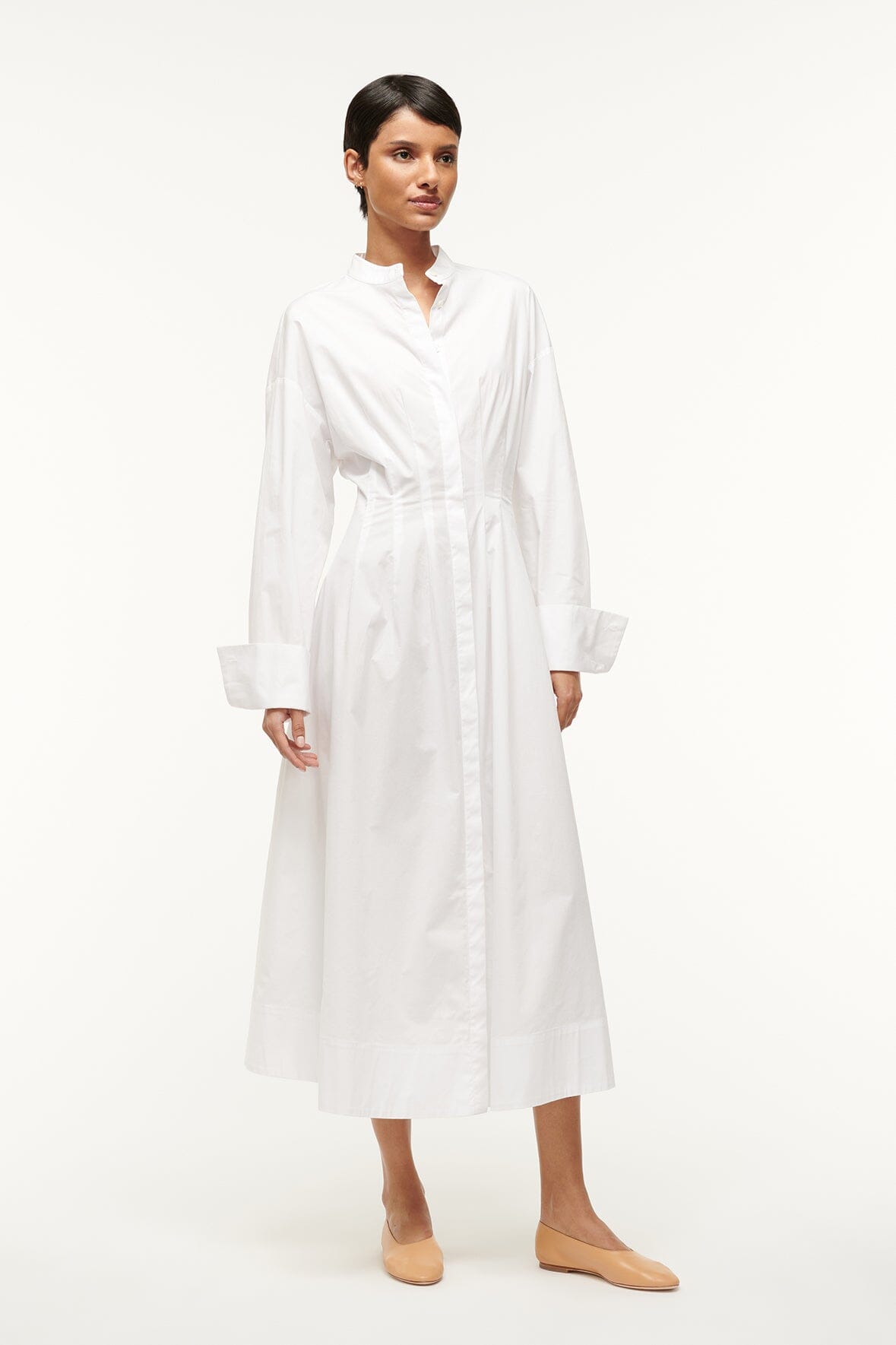 White Lorenza Midi Dress with Button-Up & Elastic Waist