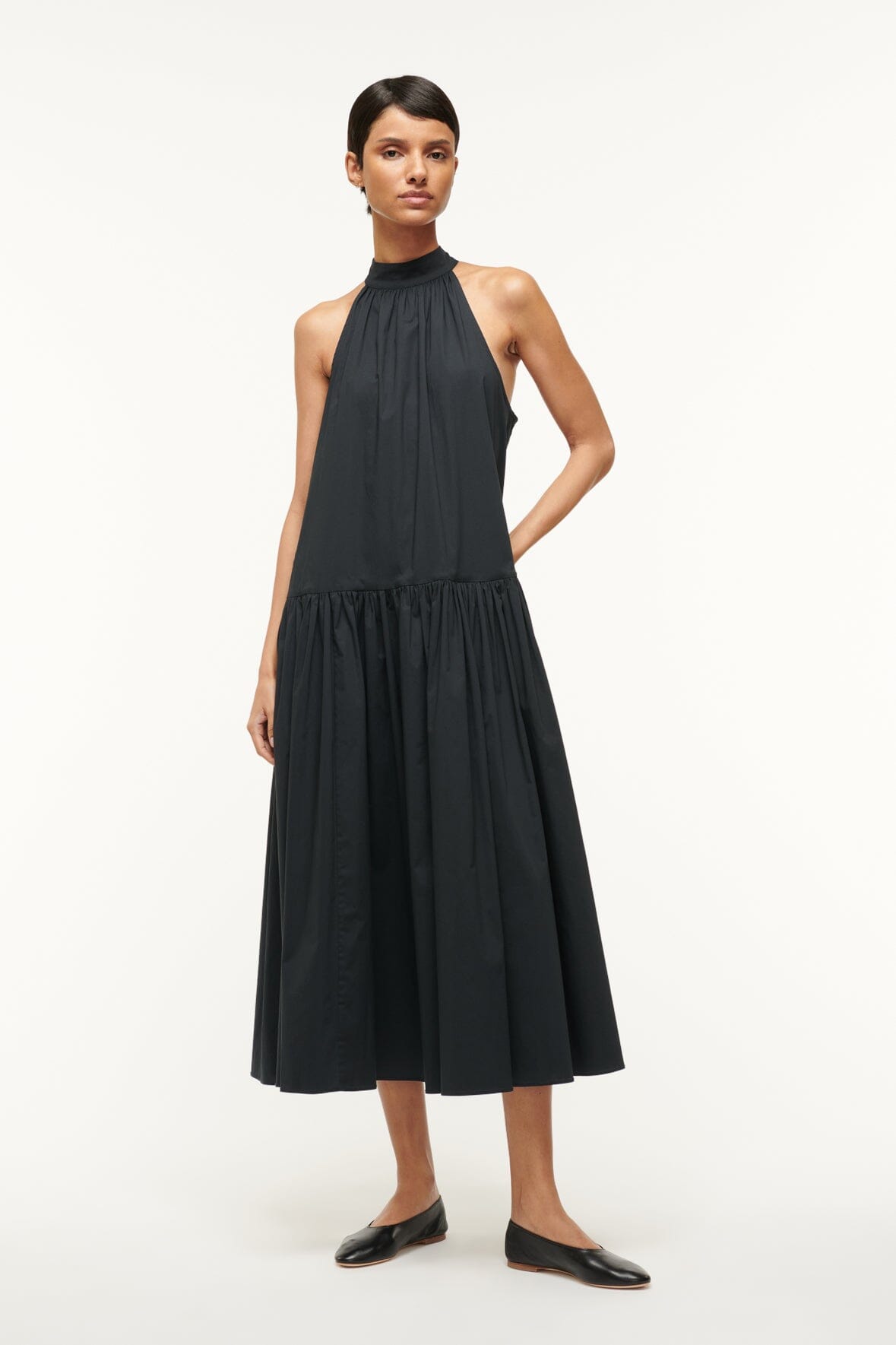 Black Marlowe Midi Dress - Halter Neck with Ruffle Tier