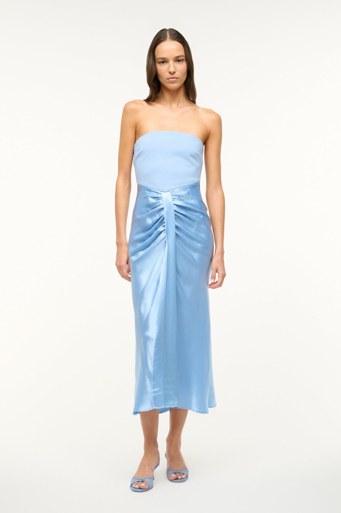 Strapless Midi Wayfaring Dress in Azure with Ruched Satin Skirt