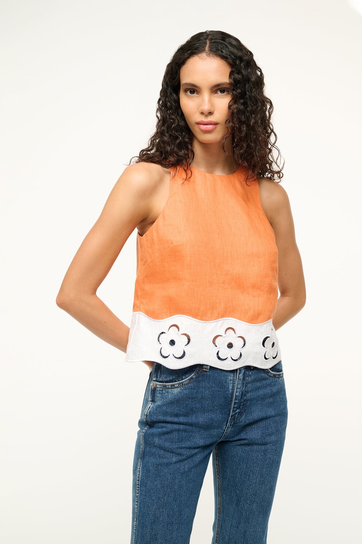 Mika Linen Sleeveless Top with Floral Cut Out Hem | Apricot White