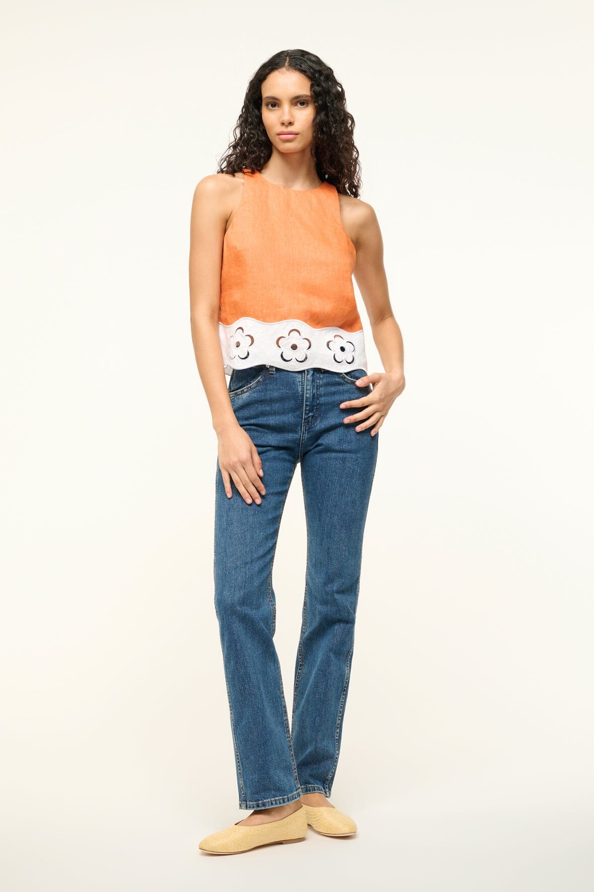 Mika Linen Sleeveless Top with Floral Cut Out Hem | Apricot White