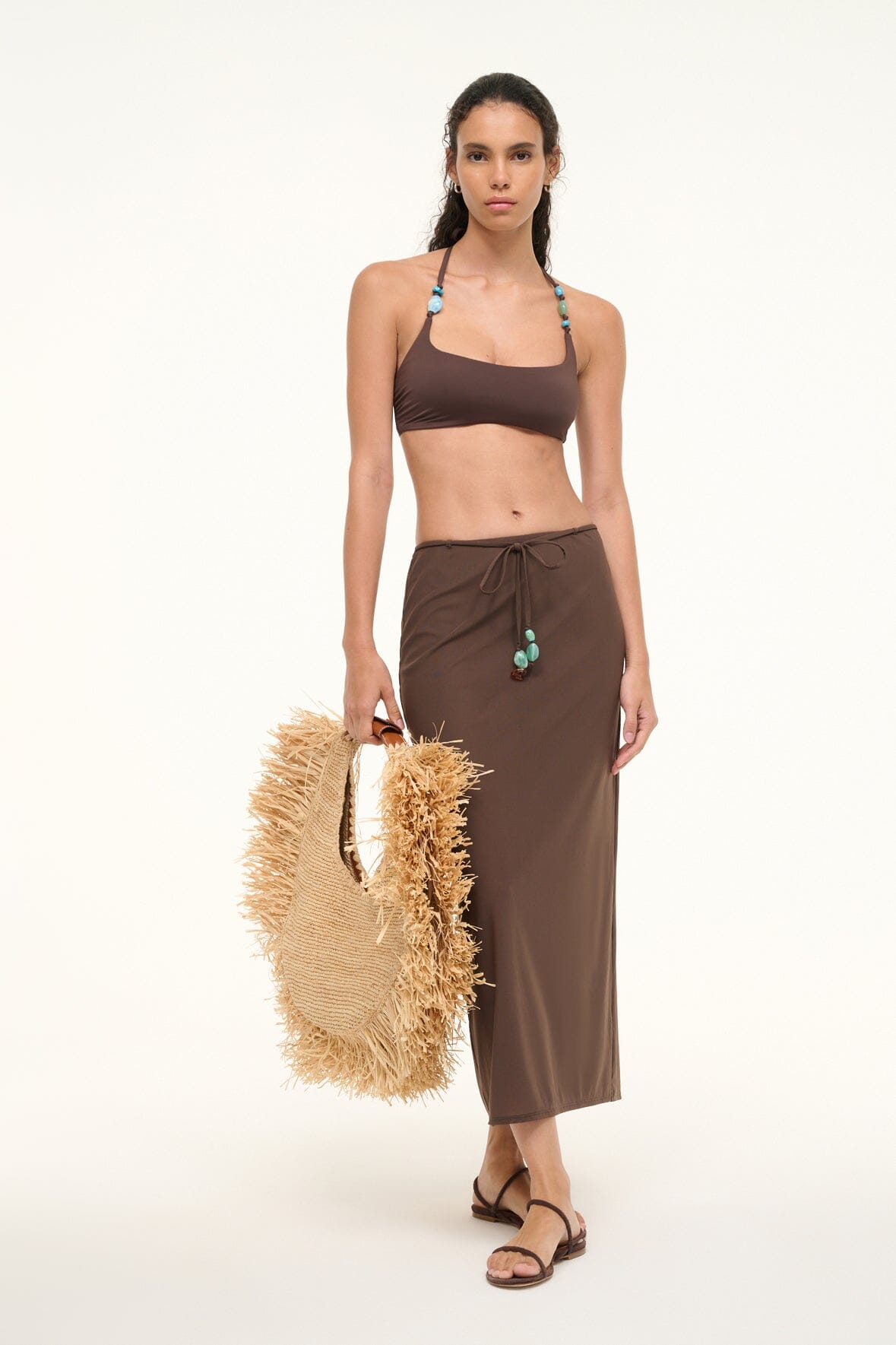 Milena Beach Cover Up Skirt - Dark Chocolate Mesh with Beaded Ties