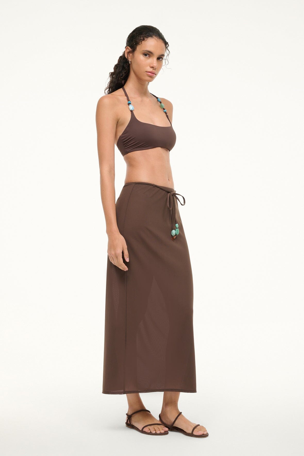 Milena Beach Cover Up Skirt - Dark Chocolate Mesh with Beaded Ties