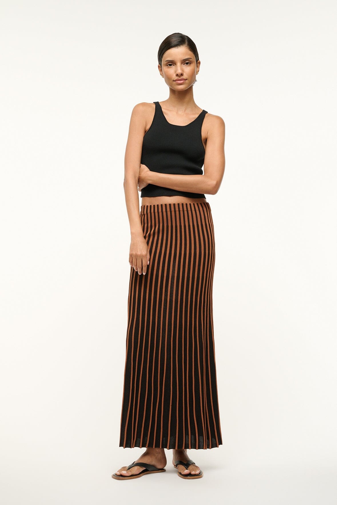 Aleida Maxi Skirt in Tan & Black Rib Knit with Elastic Waist