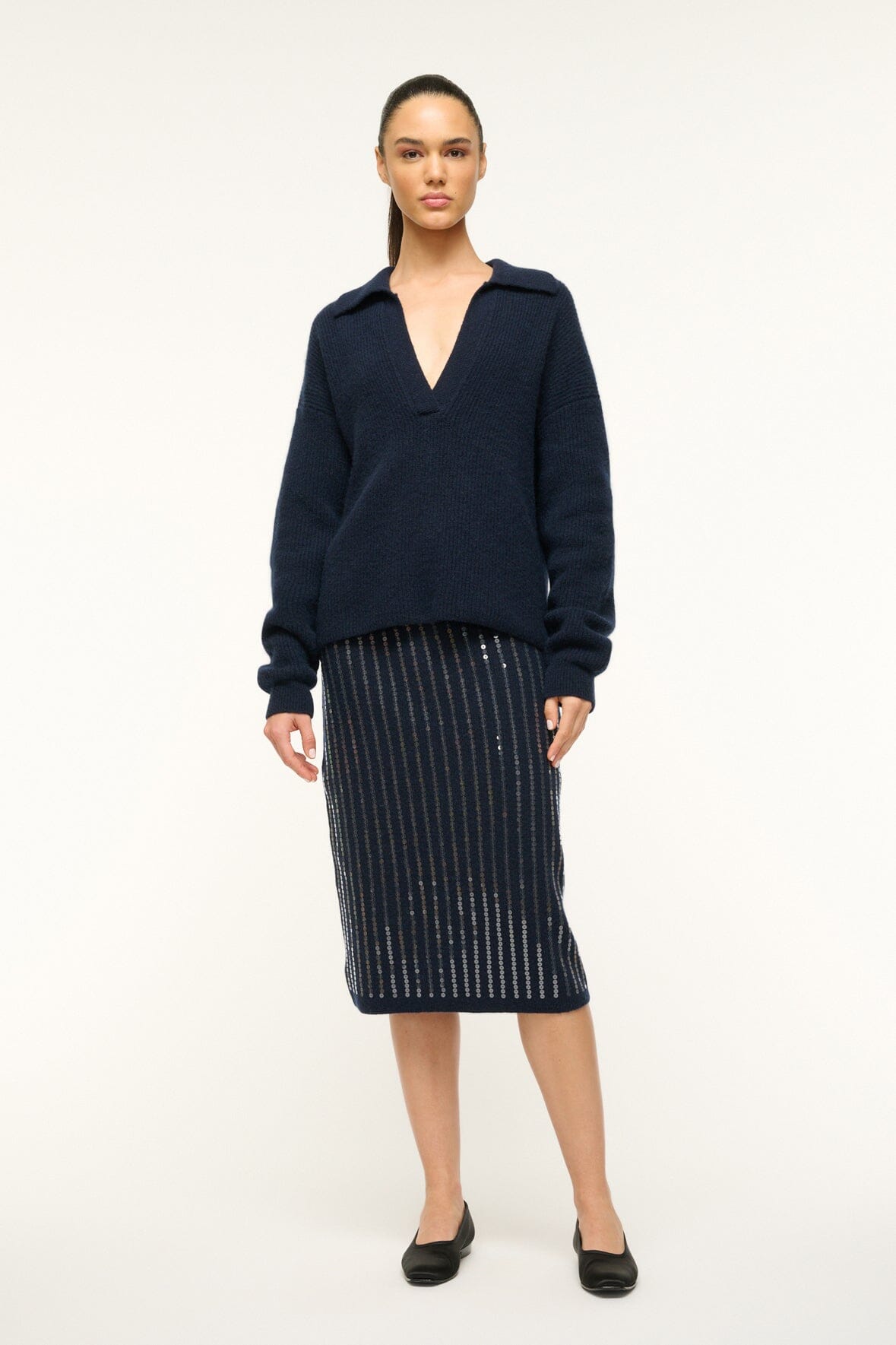 Alpaca Wool Mimi Skirt with Sequin Embroidery - Navy