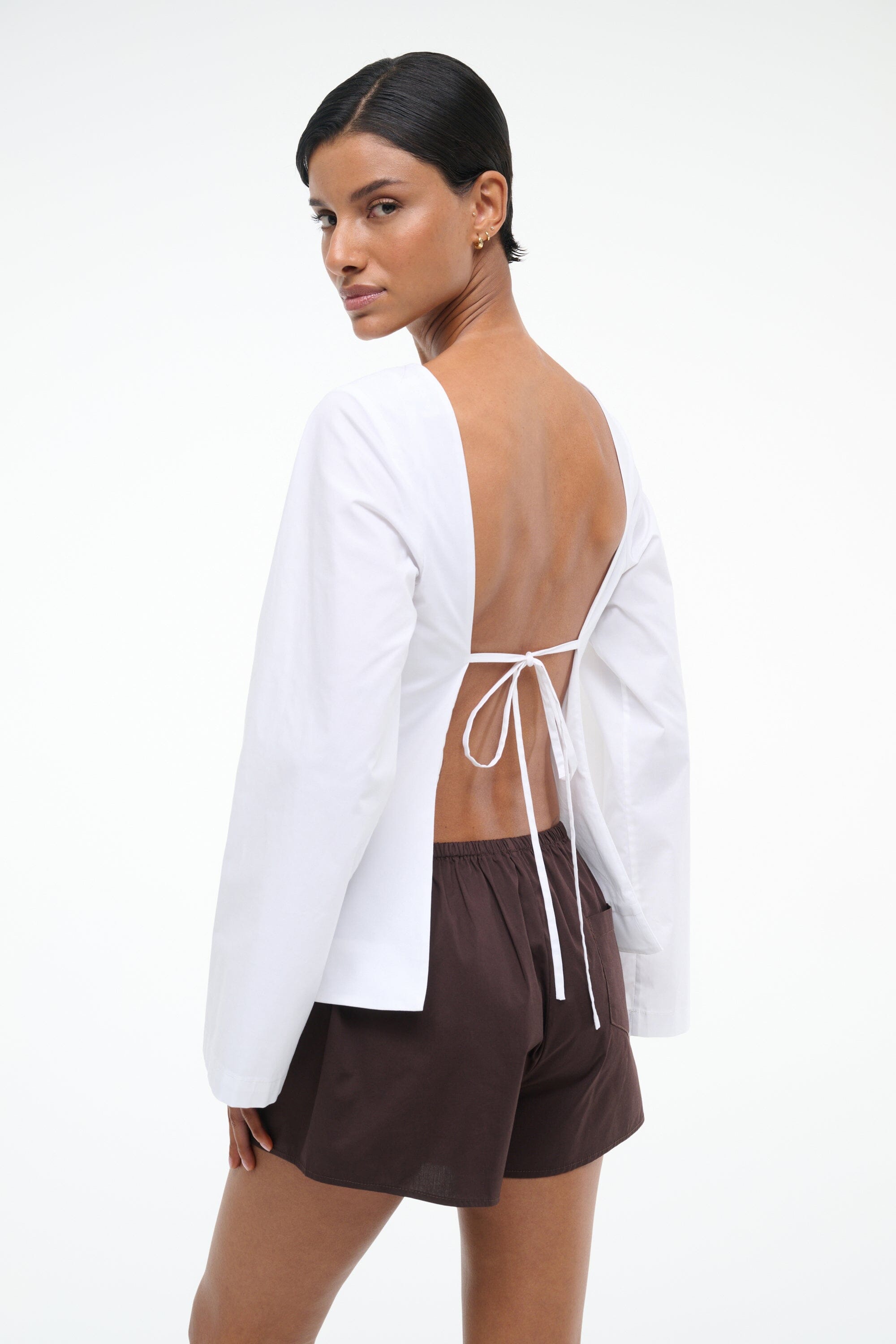 Mina White Long Sleeve Cotton Poplin Blouse with Back Tie