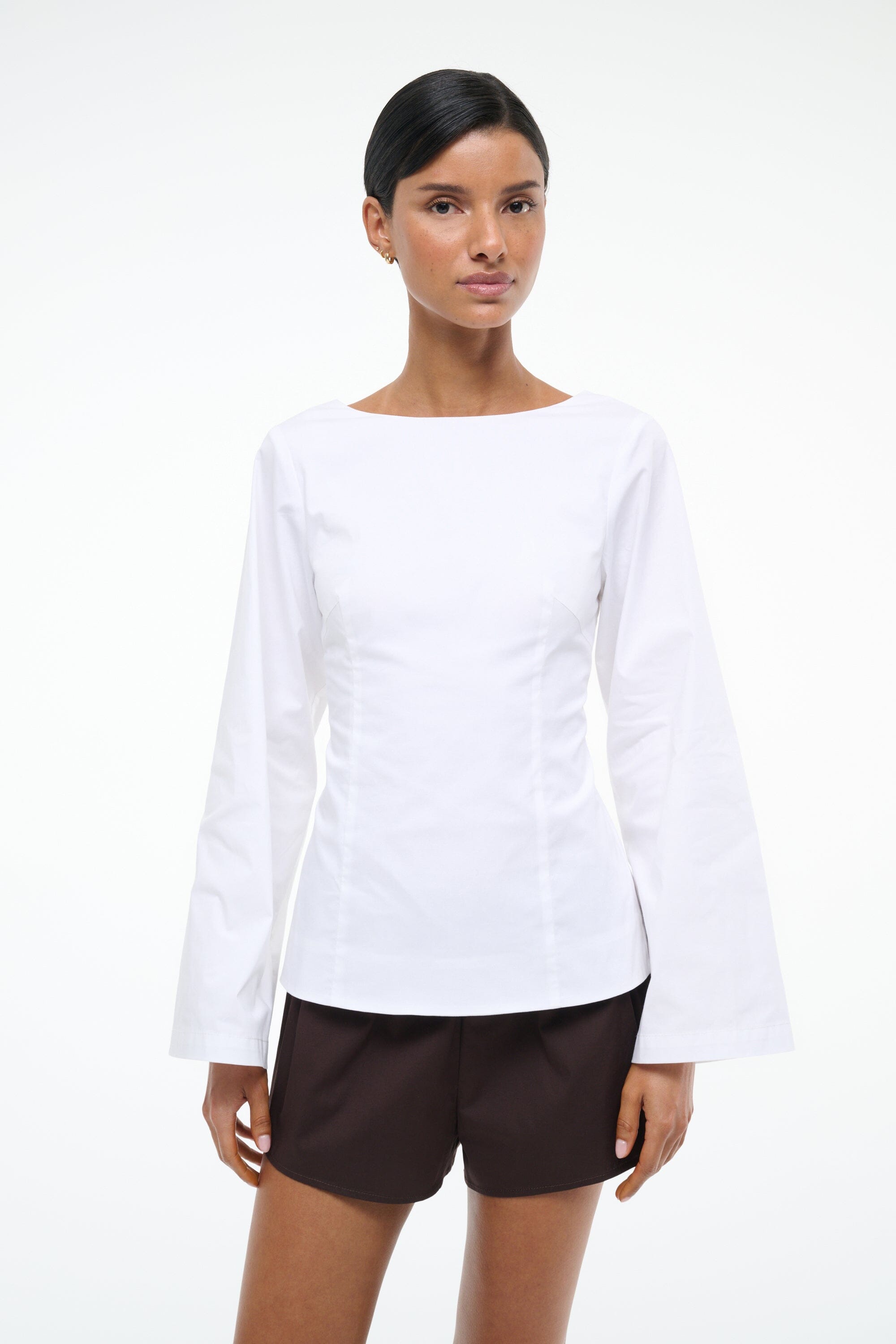 Mina White Long Sleeve Cotton Poplin Blouse with Back Tie