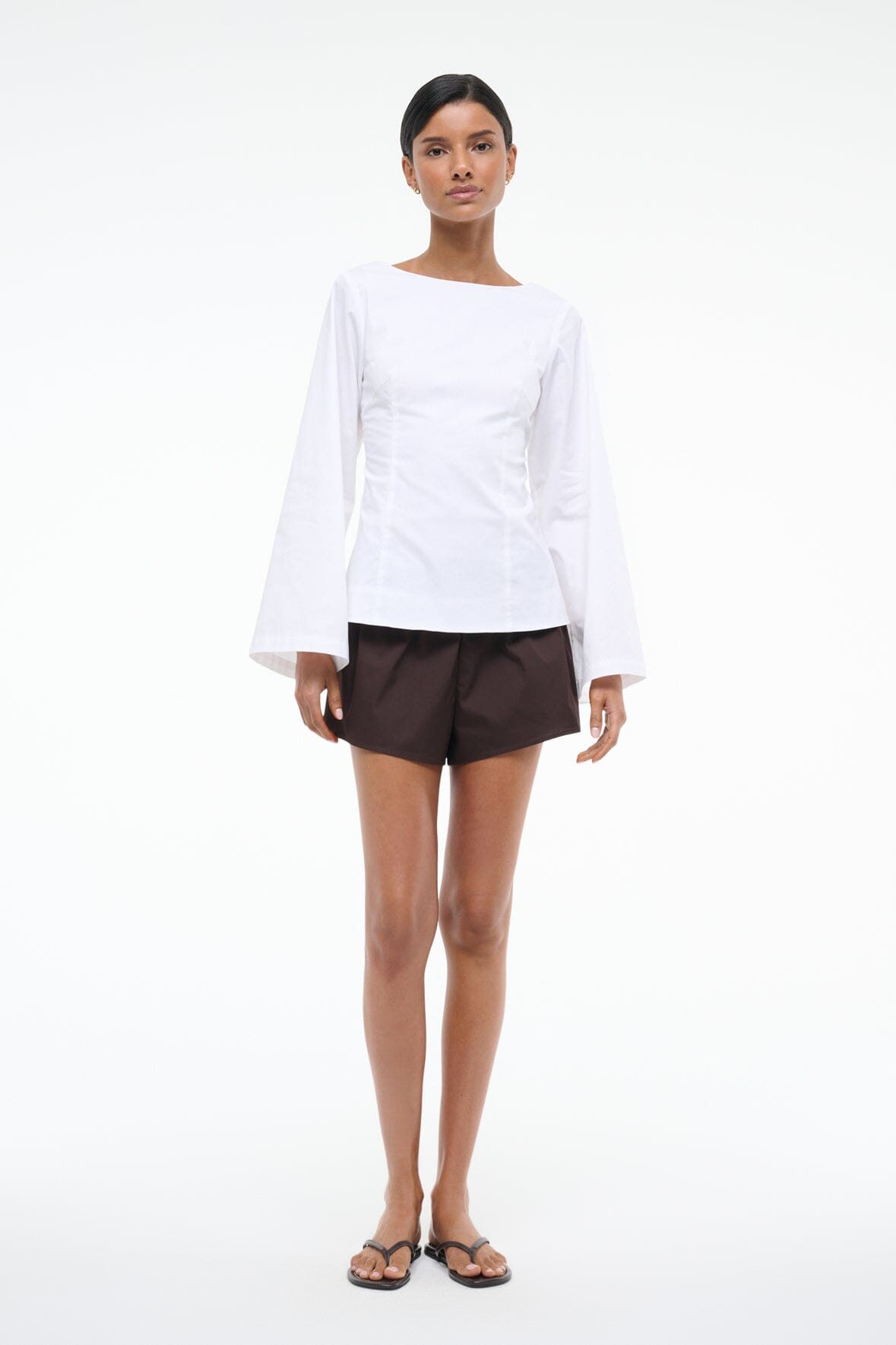Mina White Long Sleeve Cotton Poplin Blouse with Back Tie