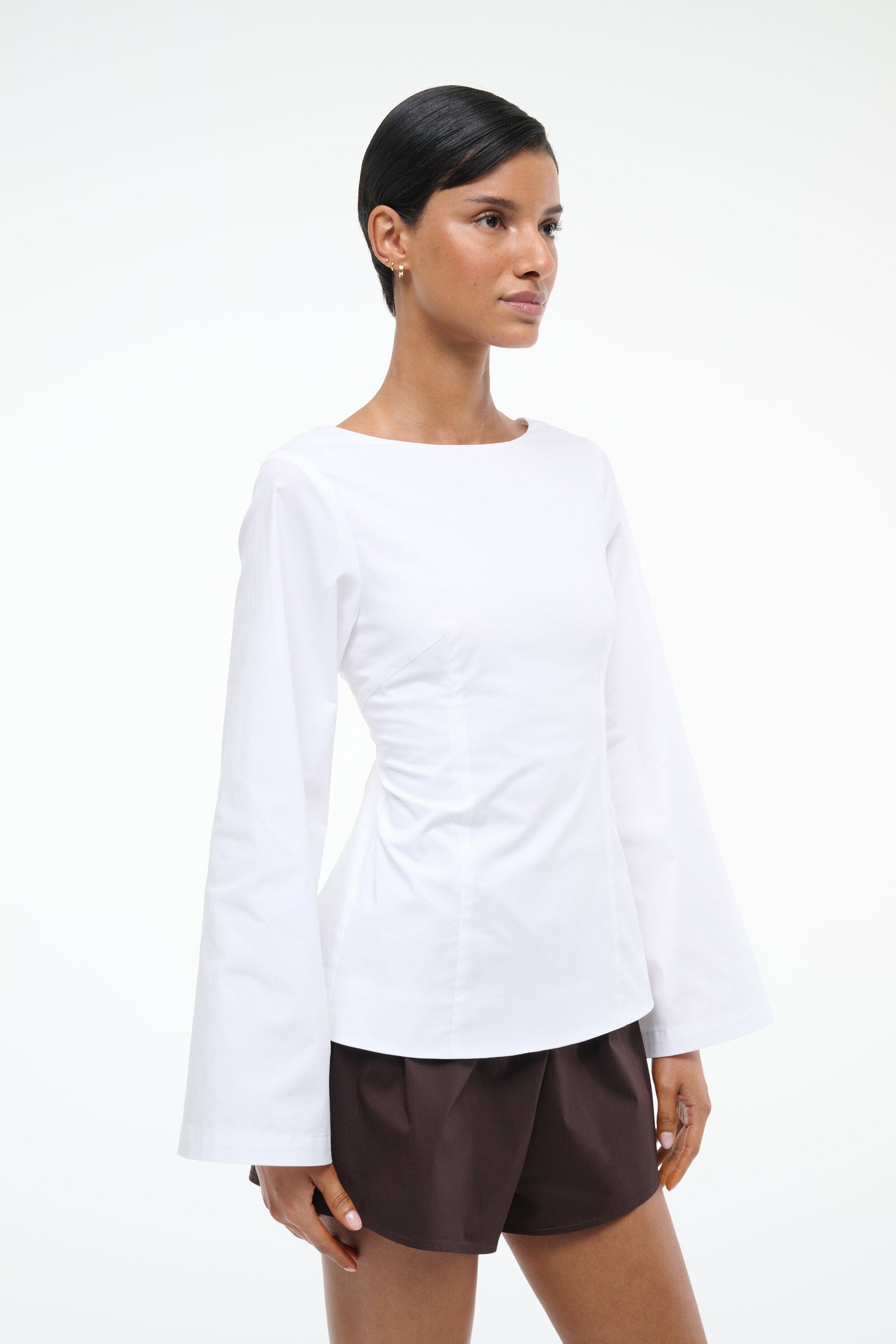 Mina White Long Sleeve Cotton Poplin Blouse with Back Tie