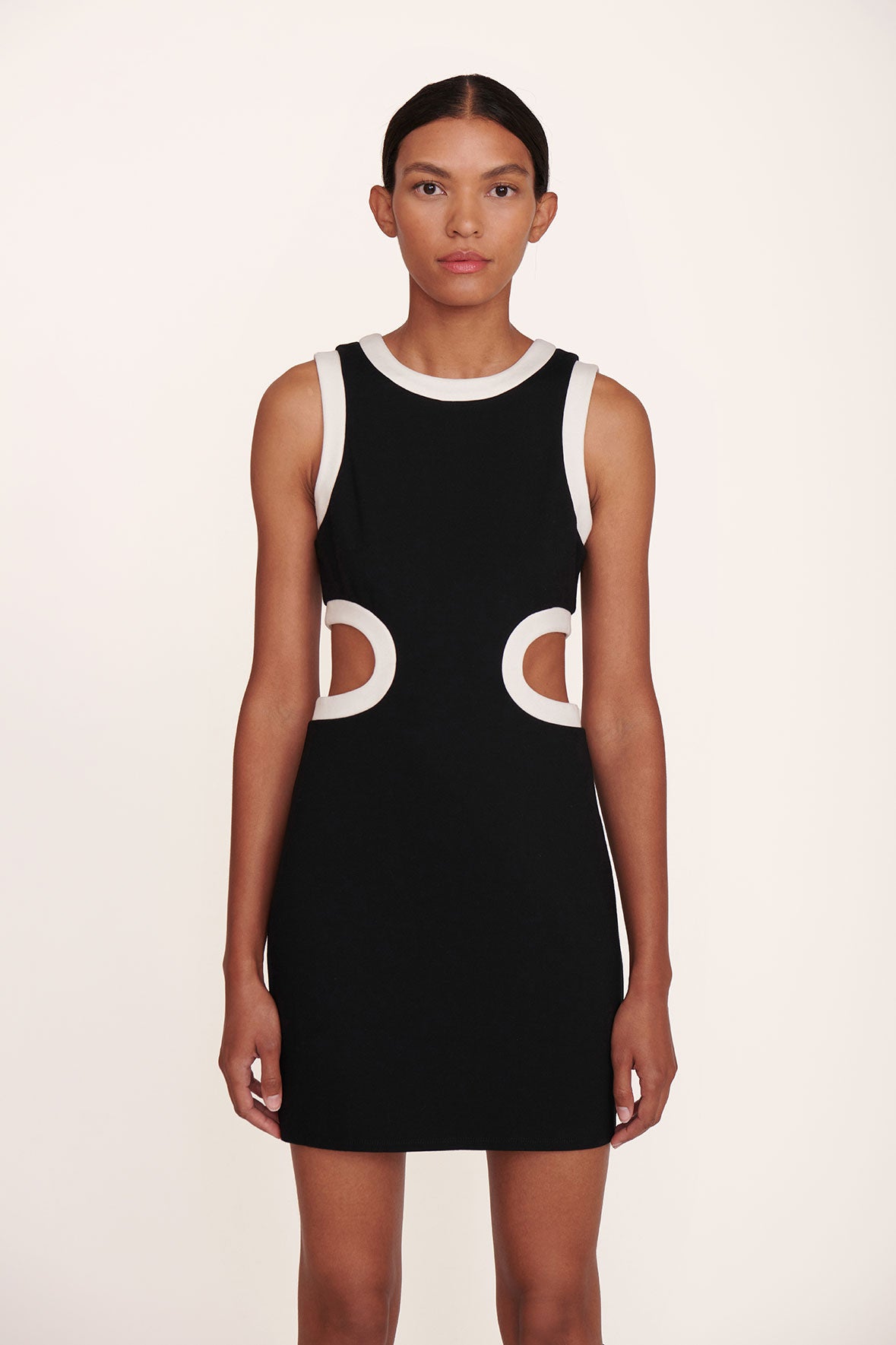 Black Mini Dolce Dress with Waist Cutouts & Contrast Trim