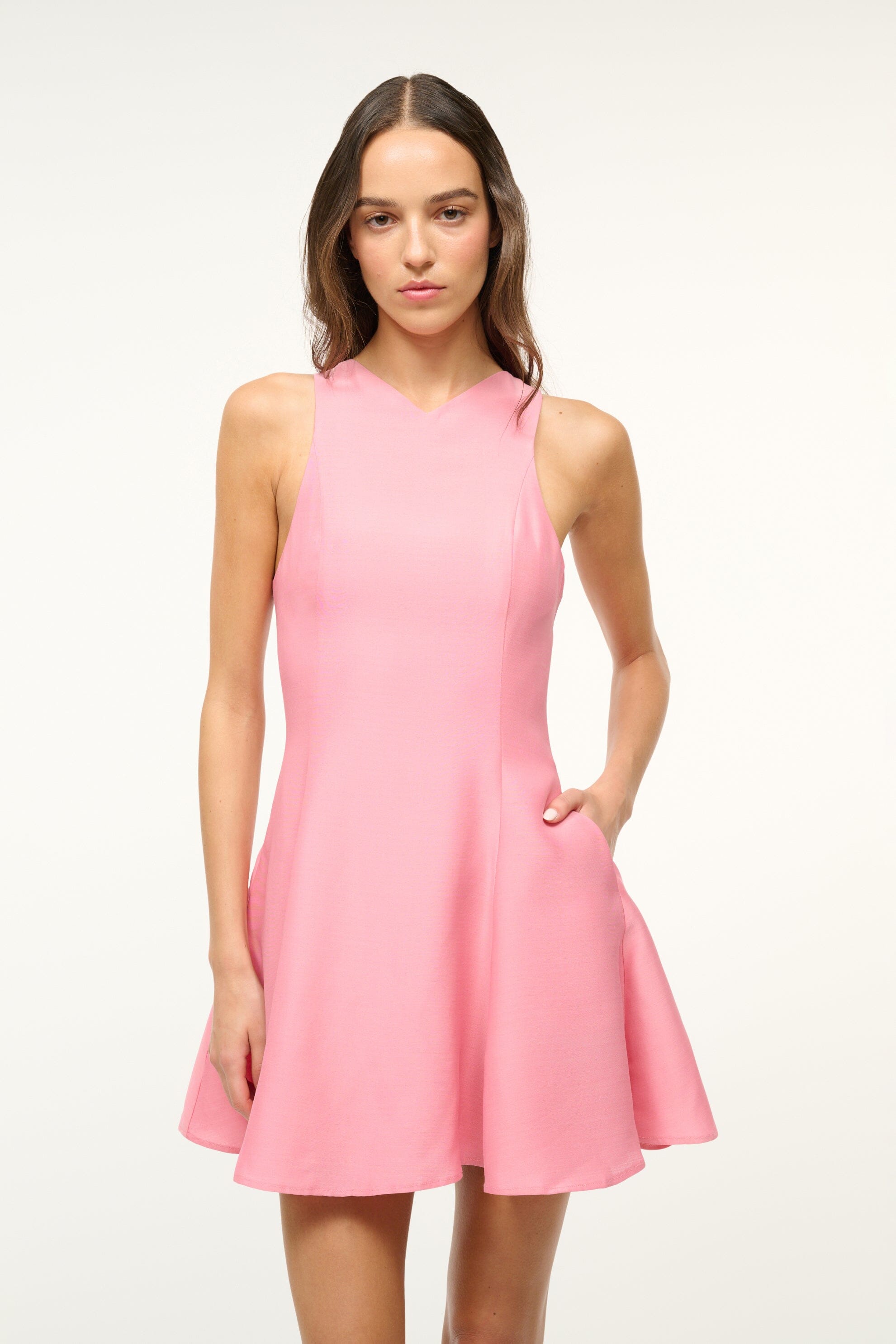 Silk Wool Mini Heike Dress in Damask Pink with Side Pockets