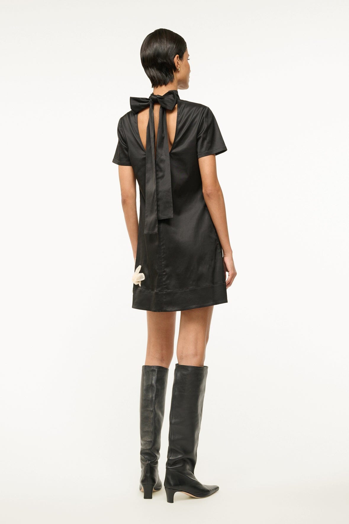 Mini Ilana Black Satin Dress with Floral Applique & Bow Collar
