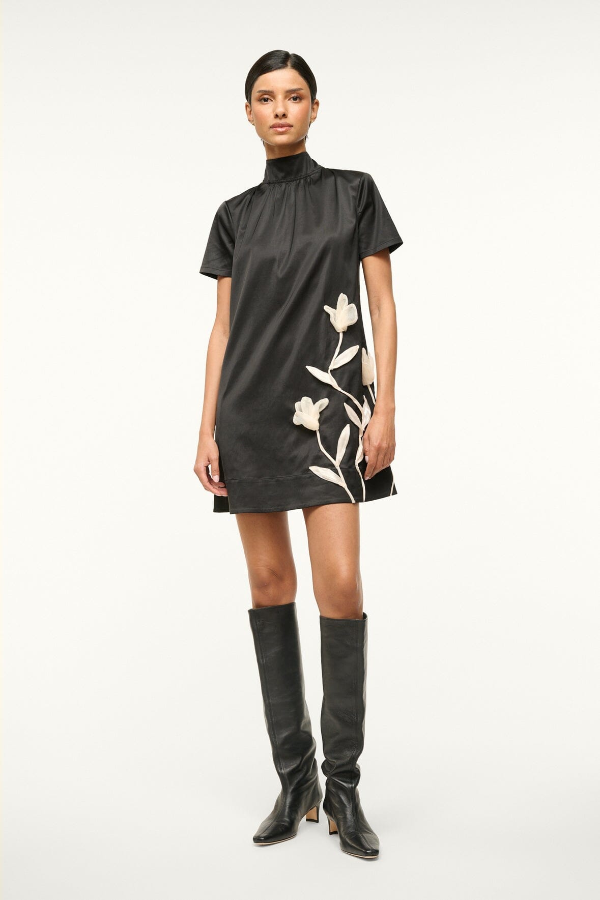 Mini Ilana Black Satin Dress with Floral Applique & Bow Collar