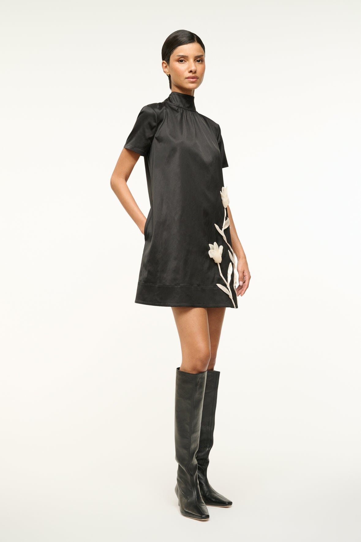 Mini Ilana Black Satin Dress with Floral Applique & Bow Collar