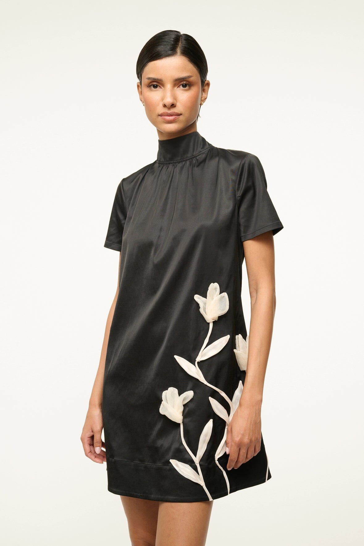 Mini Ilana Black Satin Dress with Floral Applique & Bow Collar
