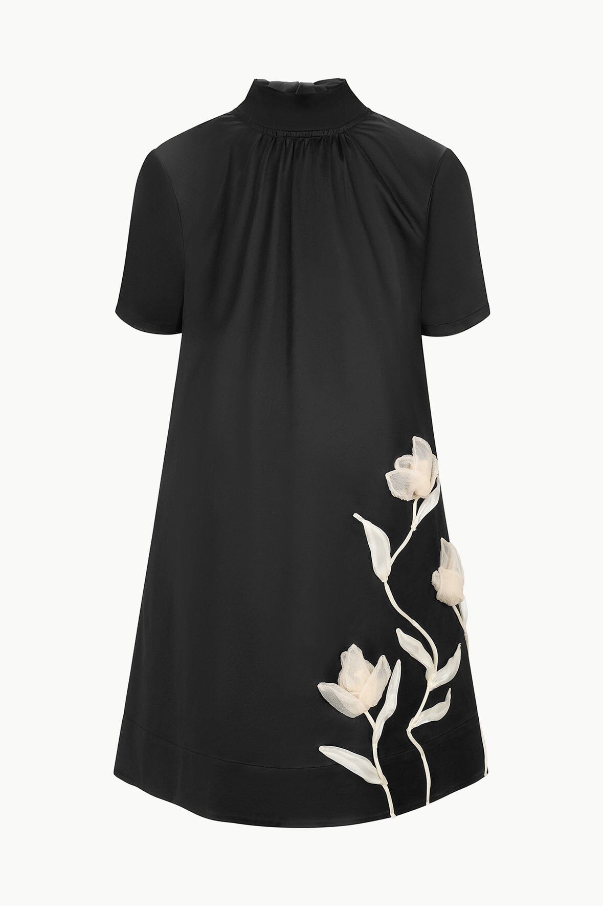 Mini Ilana Black Satin Dress with Floral Applique & Bow Collar