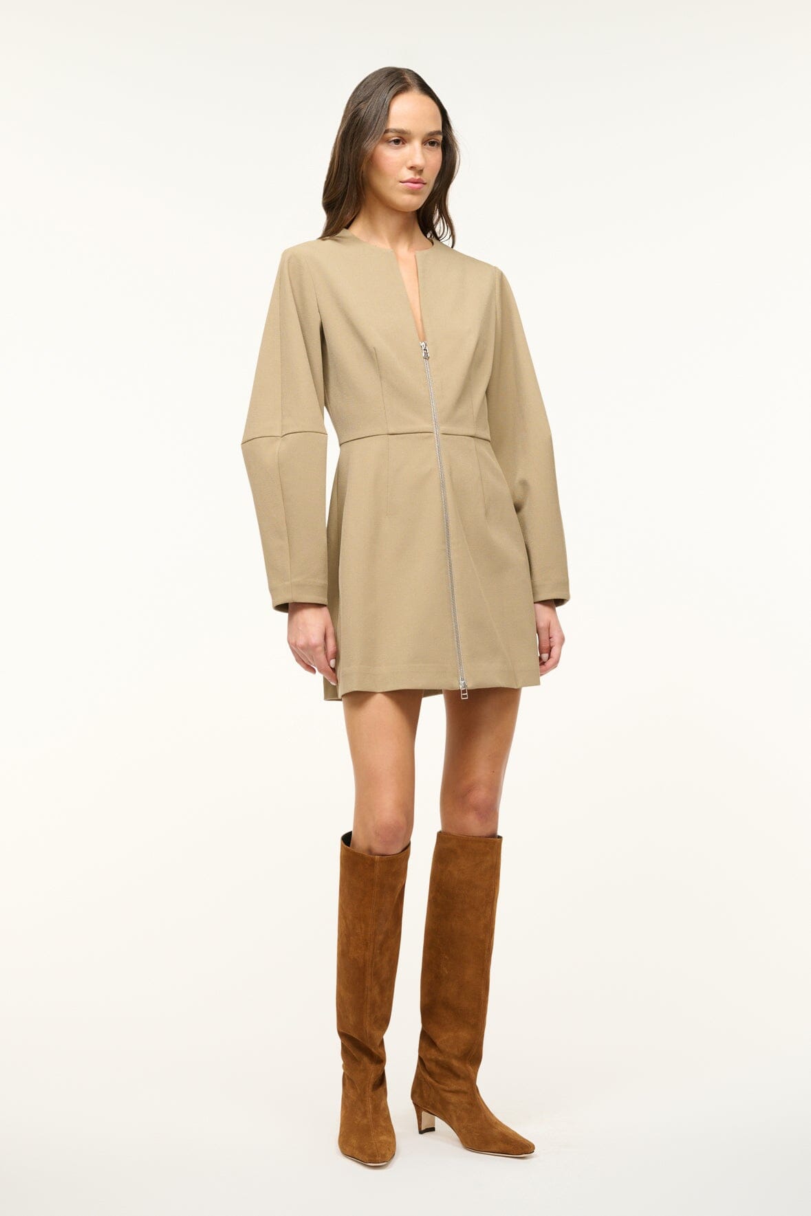 Mini Katja Zip-Front Dress with Sculptural Sleeves | Birch Stretch Twill