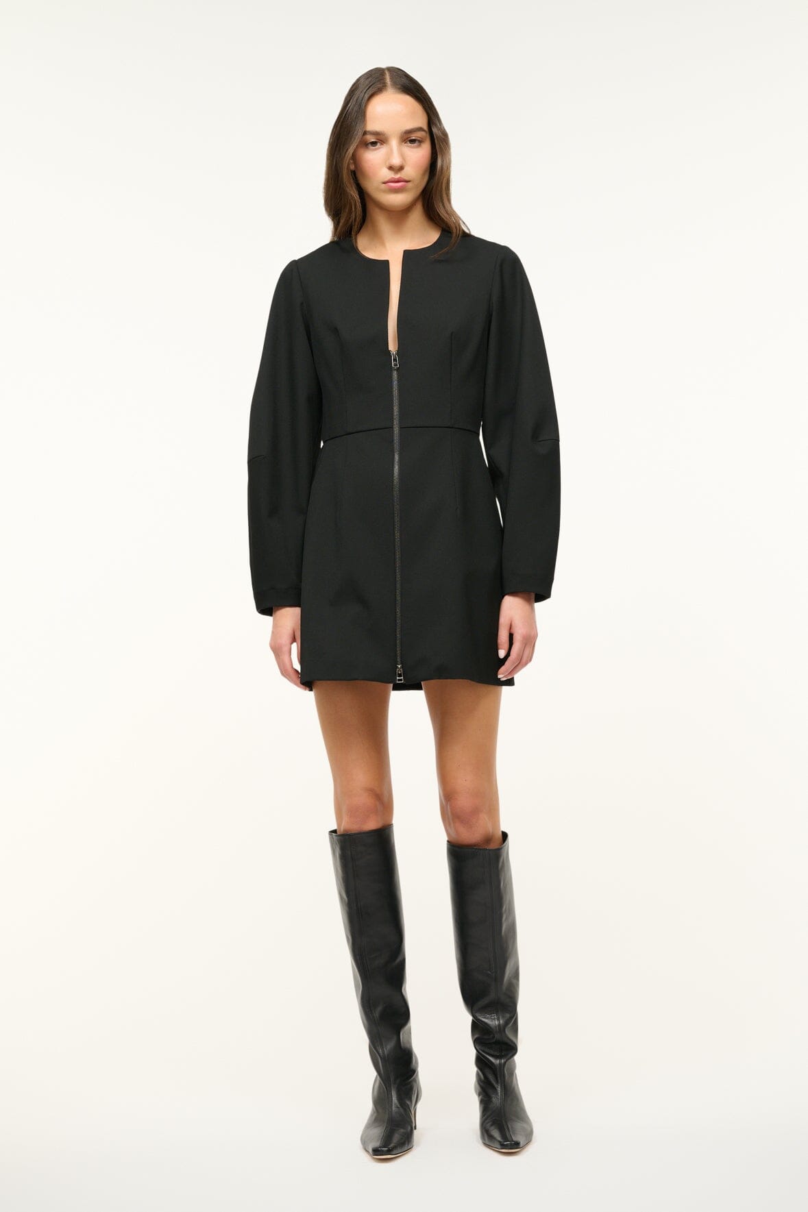 Mini Katja Black Sleeved Zip Front Dress | Stretch Twill