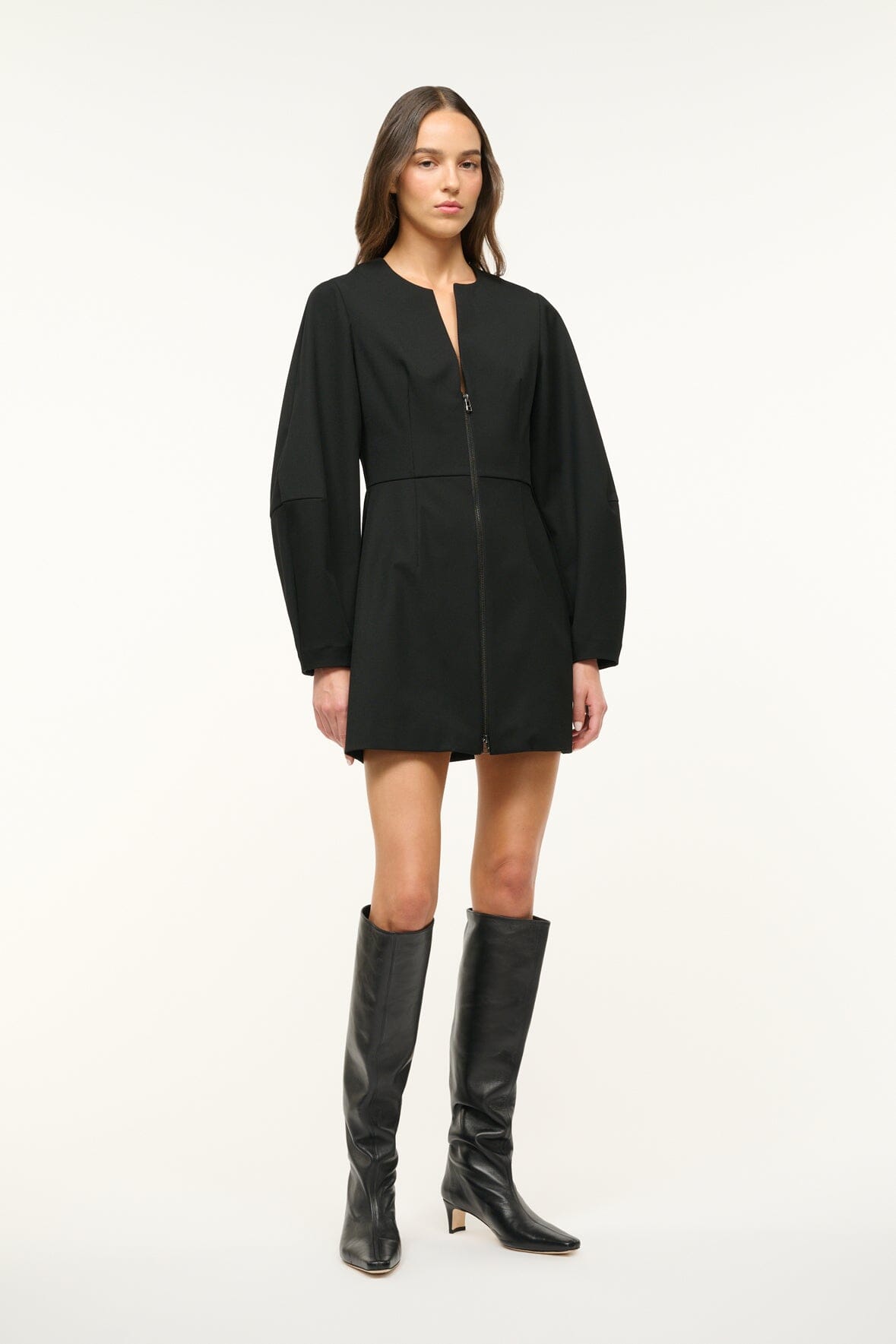 Mini Katja Black Sleeved Zip Front Dress | Stretch Twill