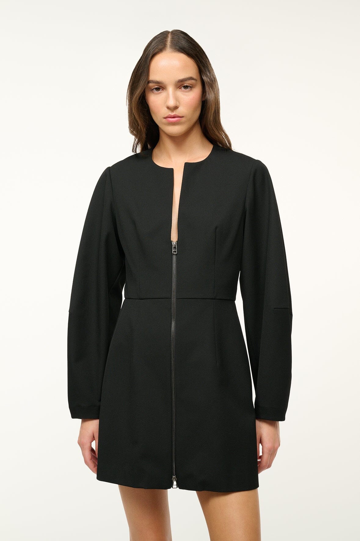 Mini Katja Black Sleeved Zip Front Dress | Stretch Twill