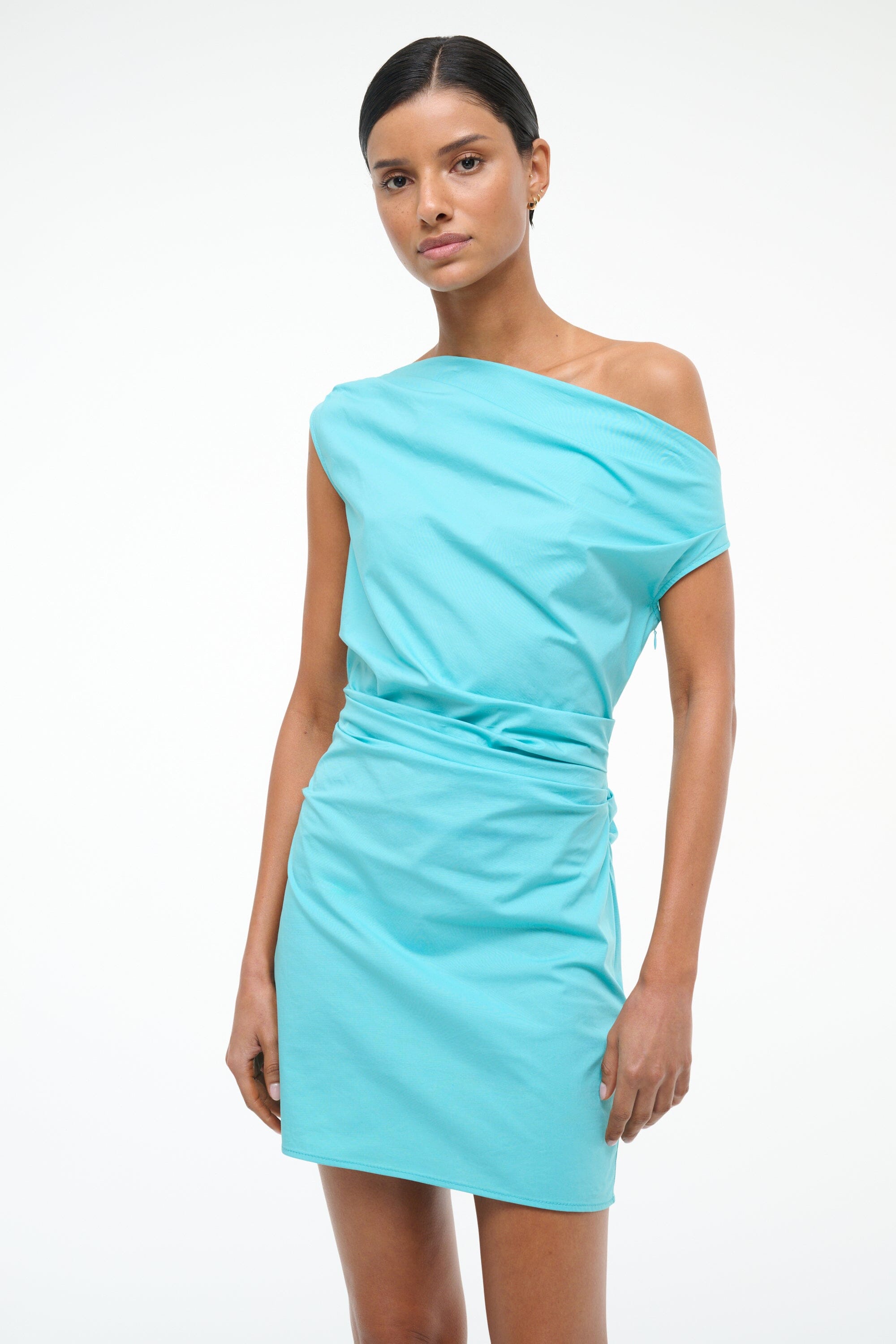 Teal Off-Shoulder Mini Dress with Ruching - Cotton Poplin
