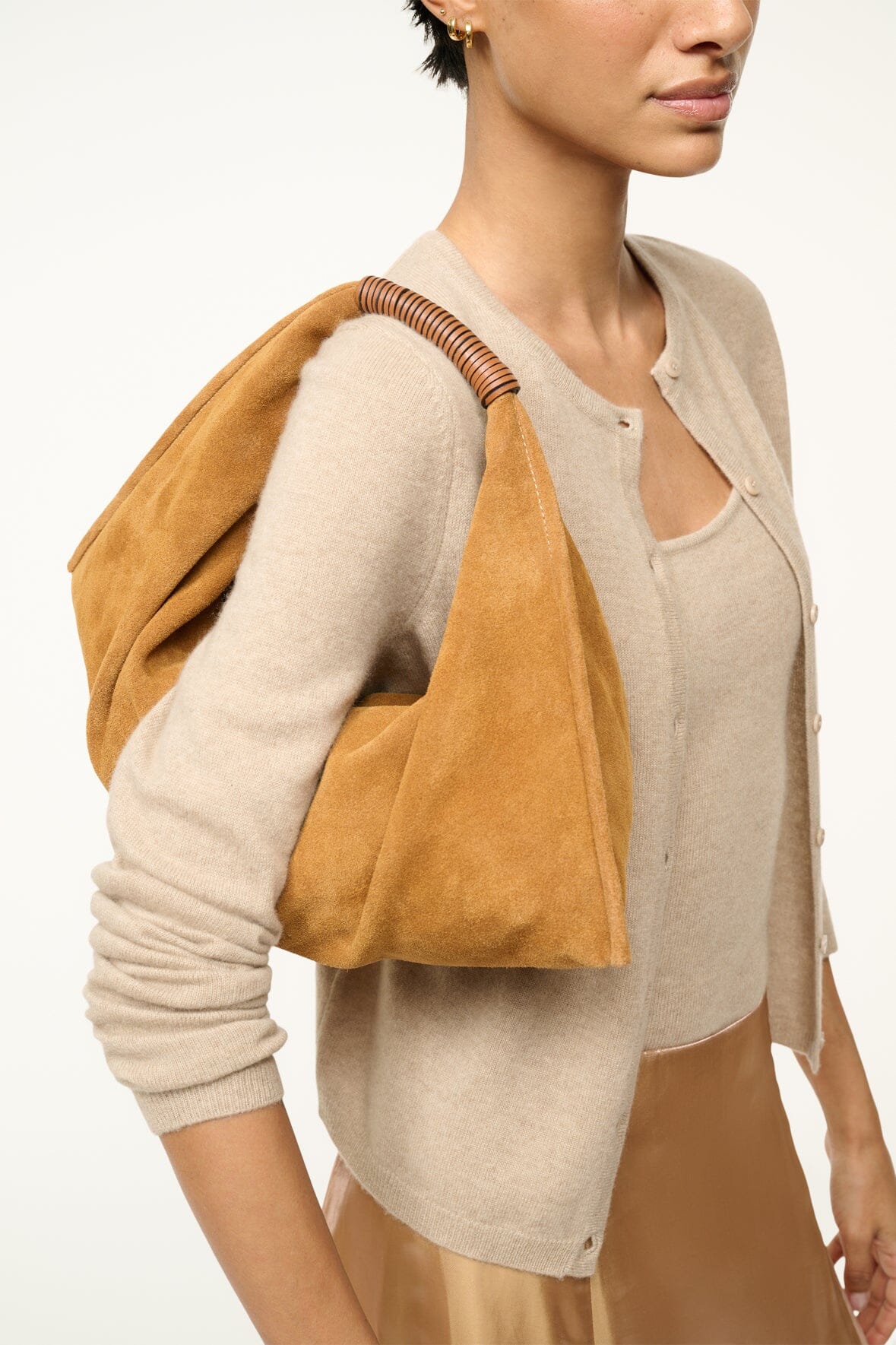 Mini Ronnie Suede Shoulder Bag – Tan Leather Handle & Zip Closure