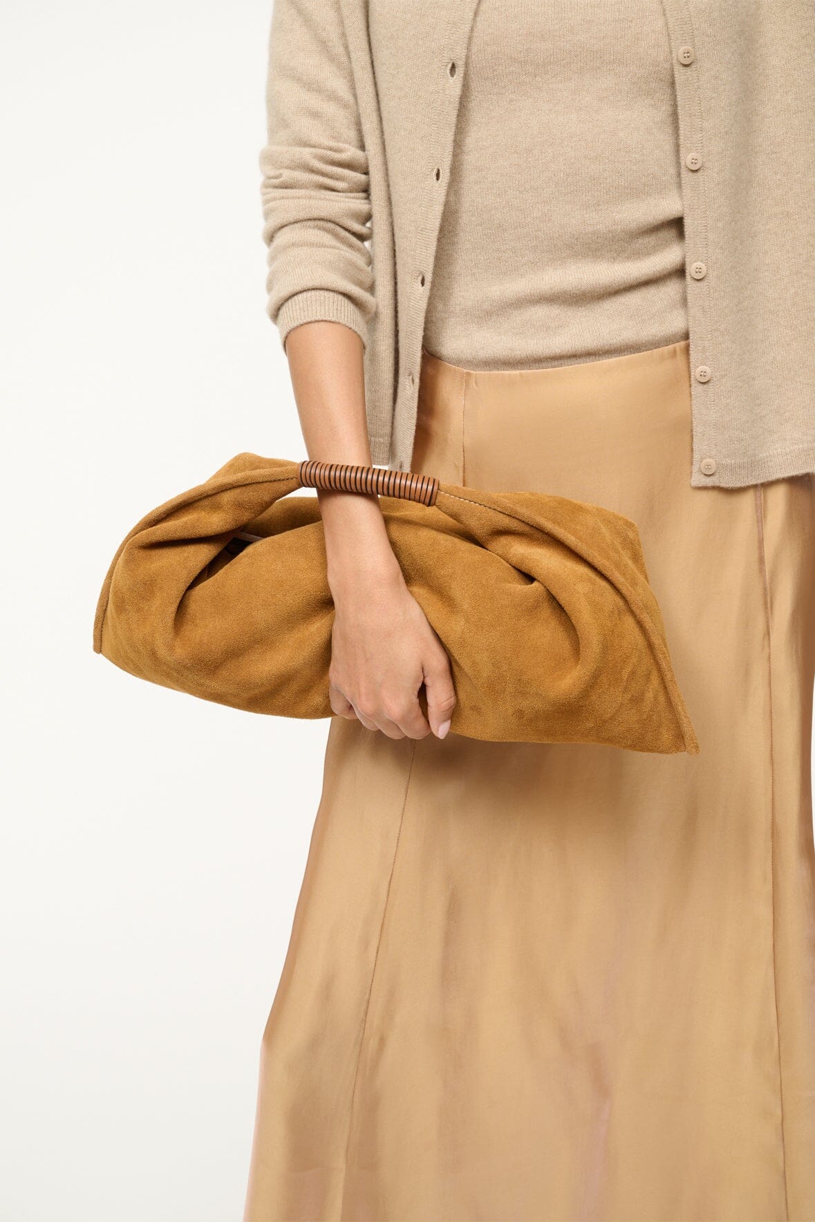 Mini Ronnie Suede Shoulder Bag – Tan Leather Handle & Zip Closure