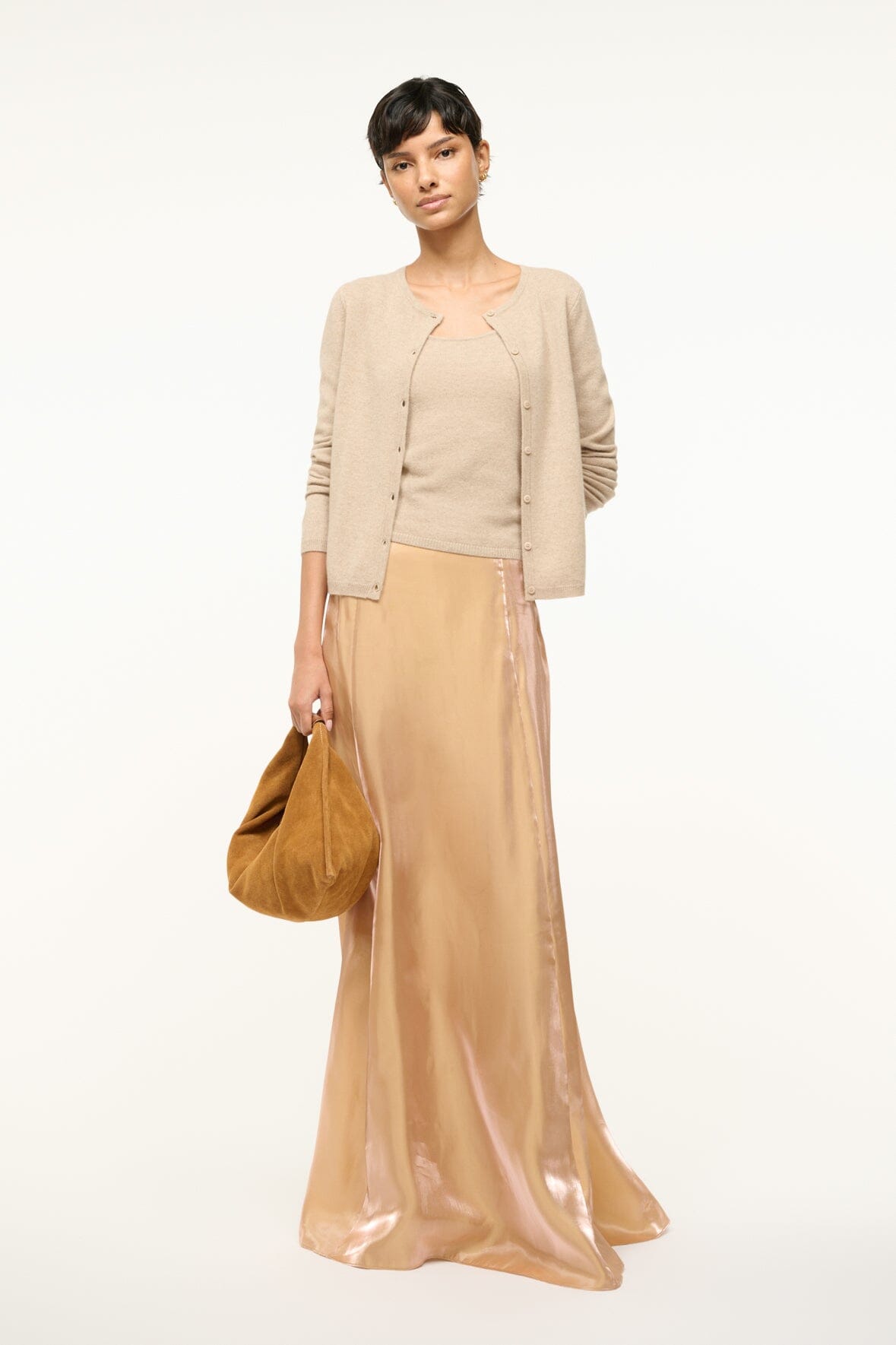 Mini Ronnie Suede Shoulder Bag – Tan Leather Handle & Zip Closure